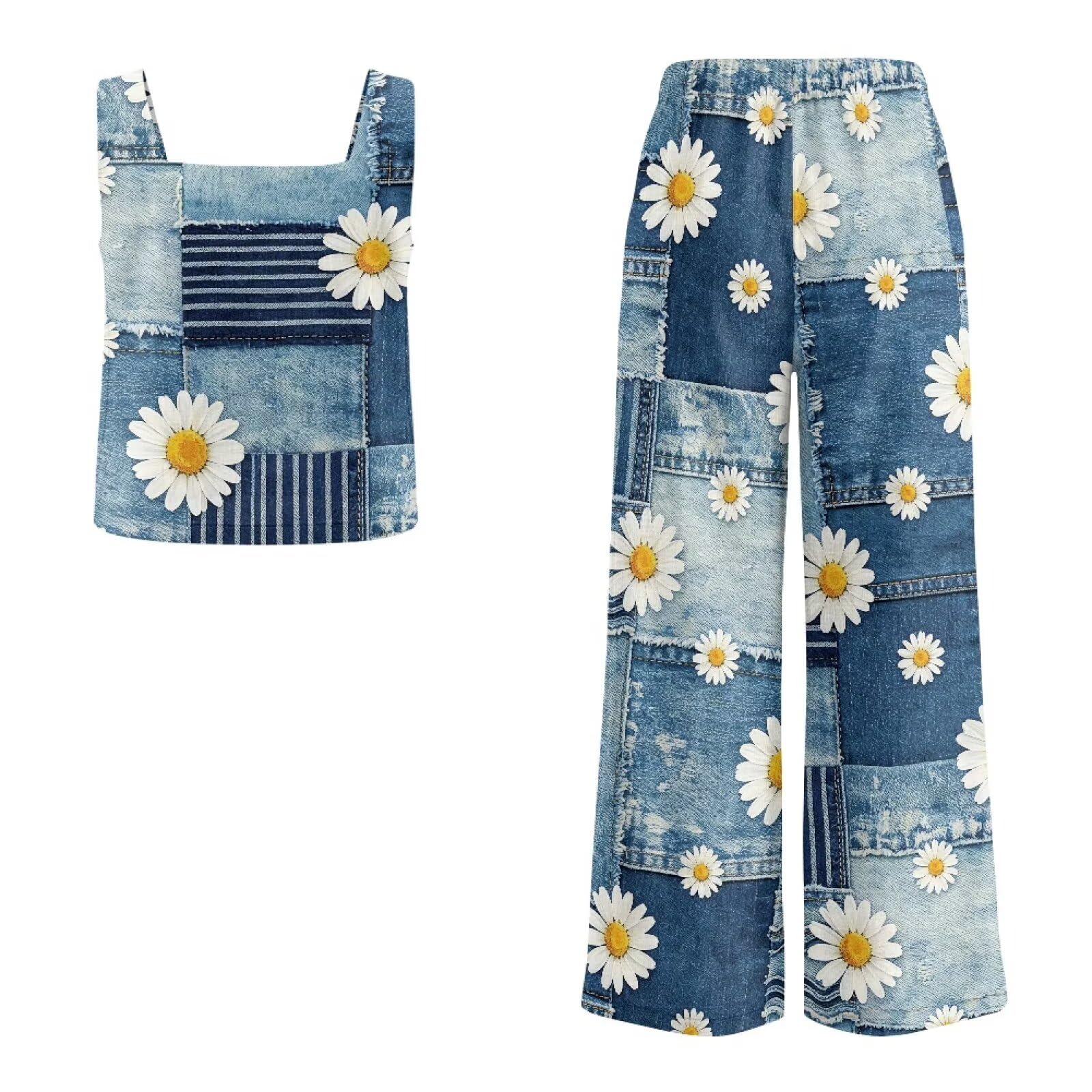 Xoenoiee Daisy Denim Patchwork Damen 2-teiliges Set 2026 Sommer-Outfits XXL