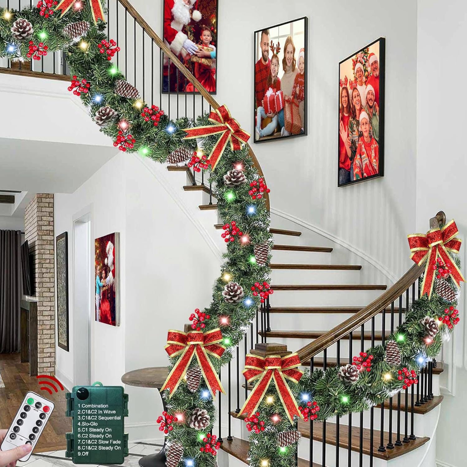 Remote Control&Extra Long&12 Modes-18 Ft Prelit Christmas Garland for Stairs Railing Mantle Front Door Porch Indoor Outdoor Decor 100 Warm White&Colors Switch Lights Timer,580 Thick Branches Tips