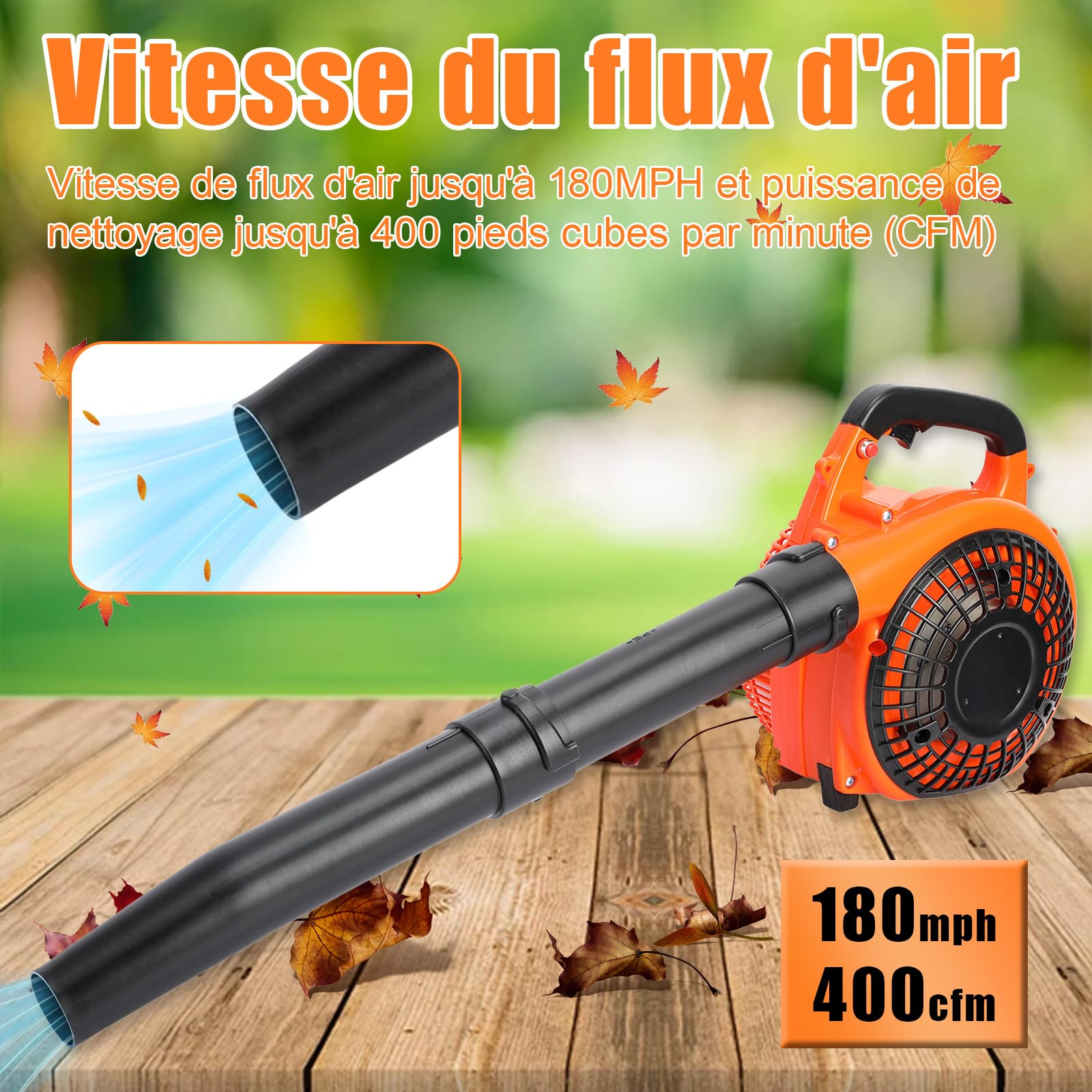 Souffleur Thermique 26cc à Essence 2 Temps | Souffleur de Feuilles Portable sans Fil Débit d’Air 9,8 m³/Min Vitesse 250 km/h | Aspirateur Souffleur Broyeur pour Jardin et Feuilles Mortes