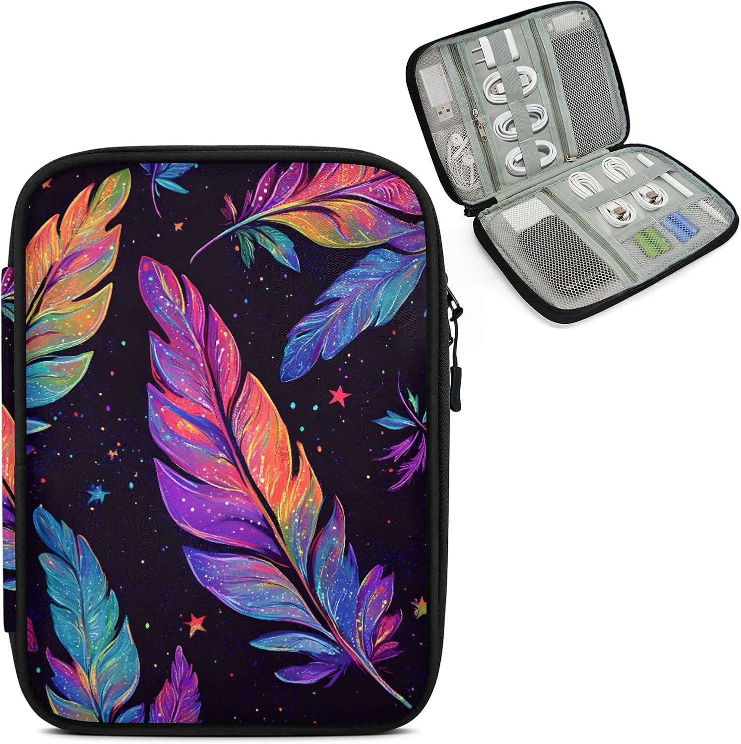 Feathers Fantasy Travel Electronic Organizer Case, Slim Cable Management Bag for Game Console & Accessories, Portable Double Zipper Pouch with Mesh Pockets & Elastic Straps