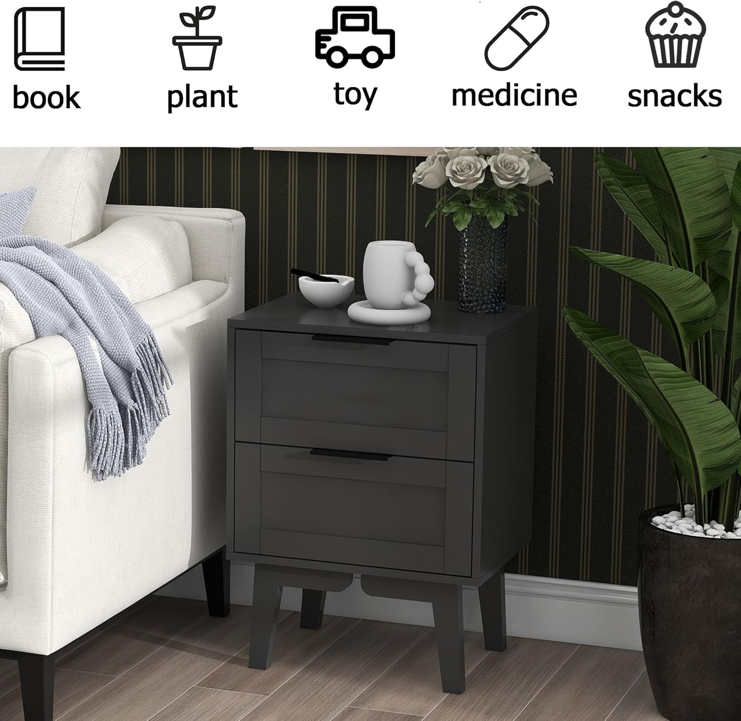 A black nightstand with various items on top and icons indicating its use for books, plants, toys, medicine, and snacks.