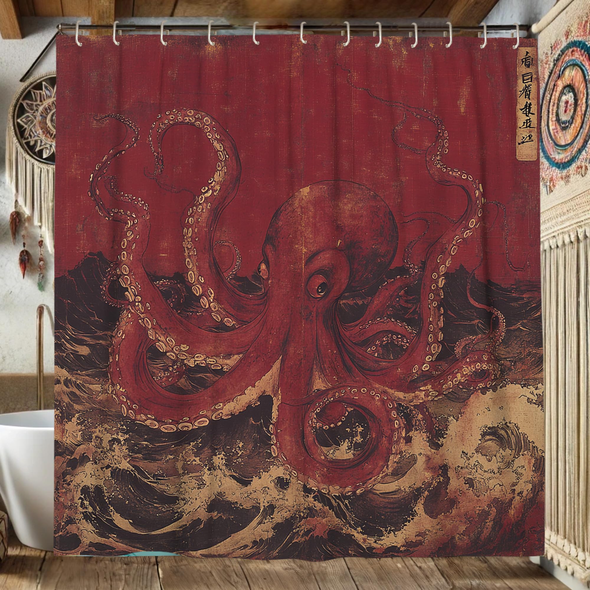 Rideau de douche Octopus de qualité supérieure en tissu textile japonais vintage 183 x 198 cm