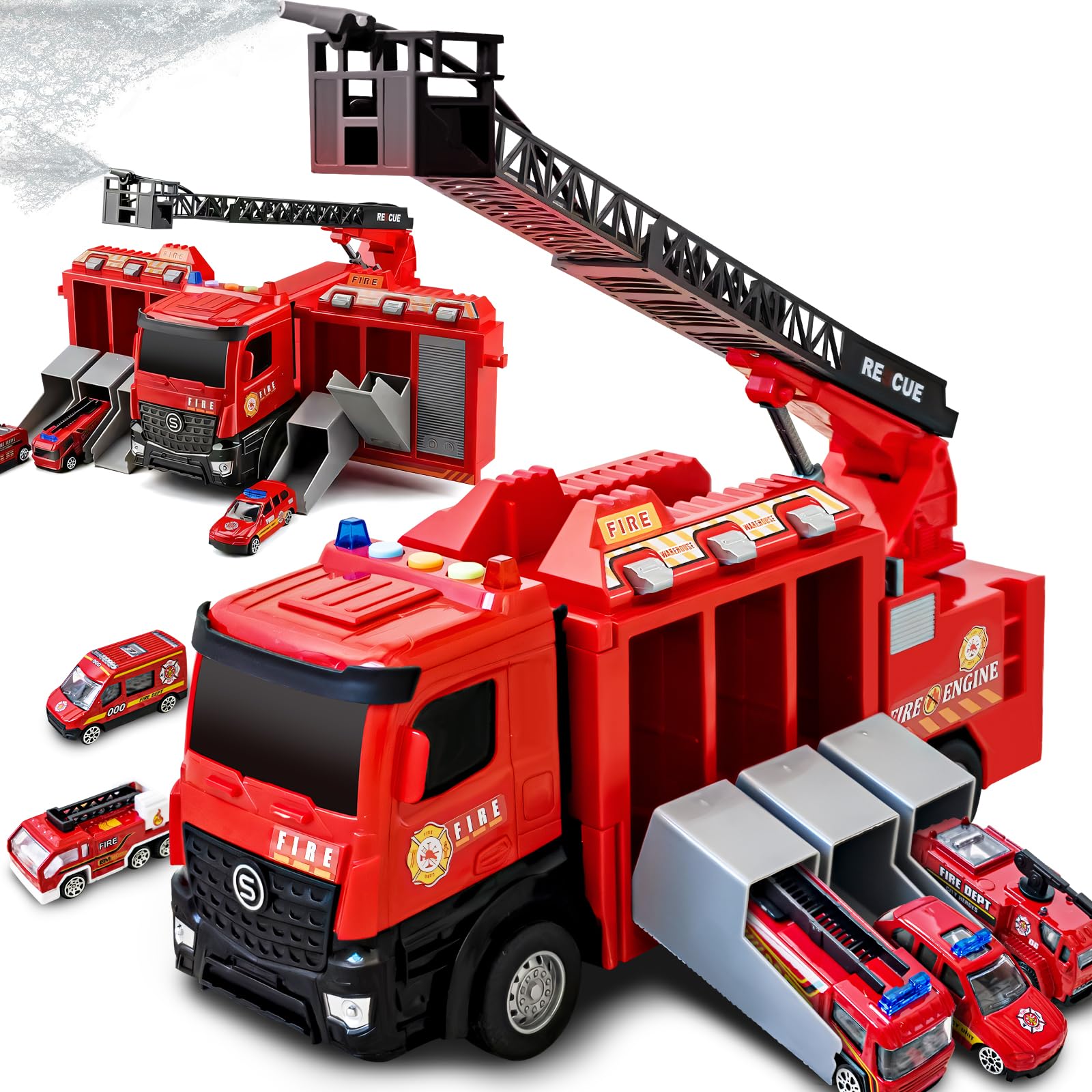 Großer Feuerwehr Truck Spielzeug, Rettungsfahrzeug Set mit 6 Mini Autos, Feuerwehrauto Autotransporter Spielzeug für Kinder ab 2 3 4 Jahren Kindergeburtstage und PD
