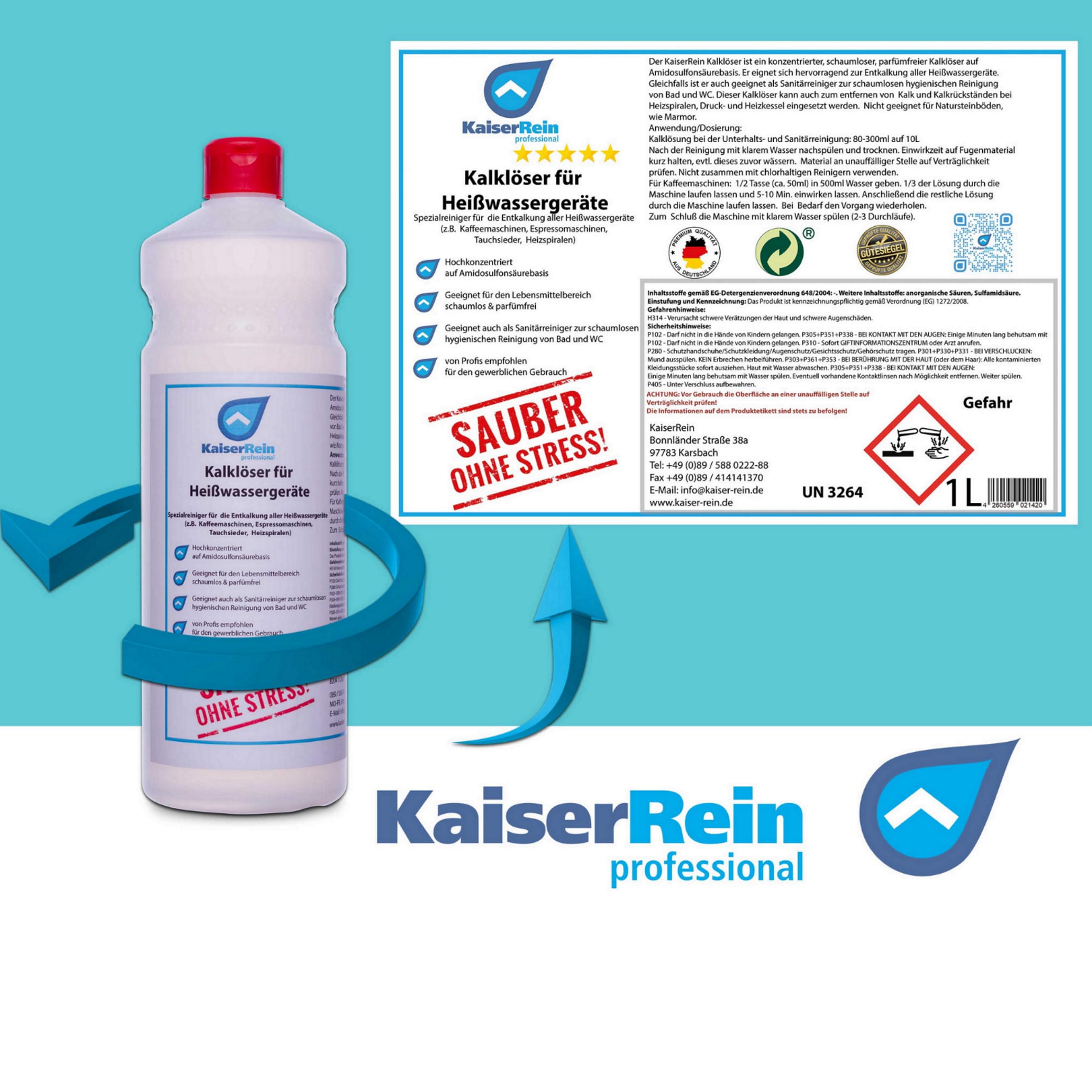 KaiserRein Profi Kalklöser Entkalker flüssig 12 L Kanister zur Entkalkung von Heißwassergeräten wie z.B. Kaffeemaschine Wasserkocher Oberflächen z.B. Fliesen optimal für die Gastronomie