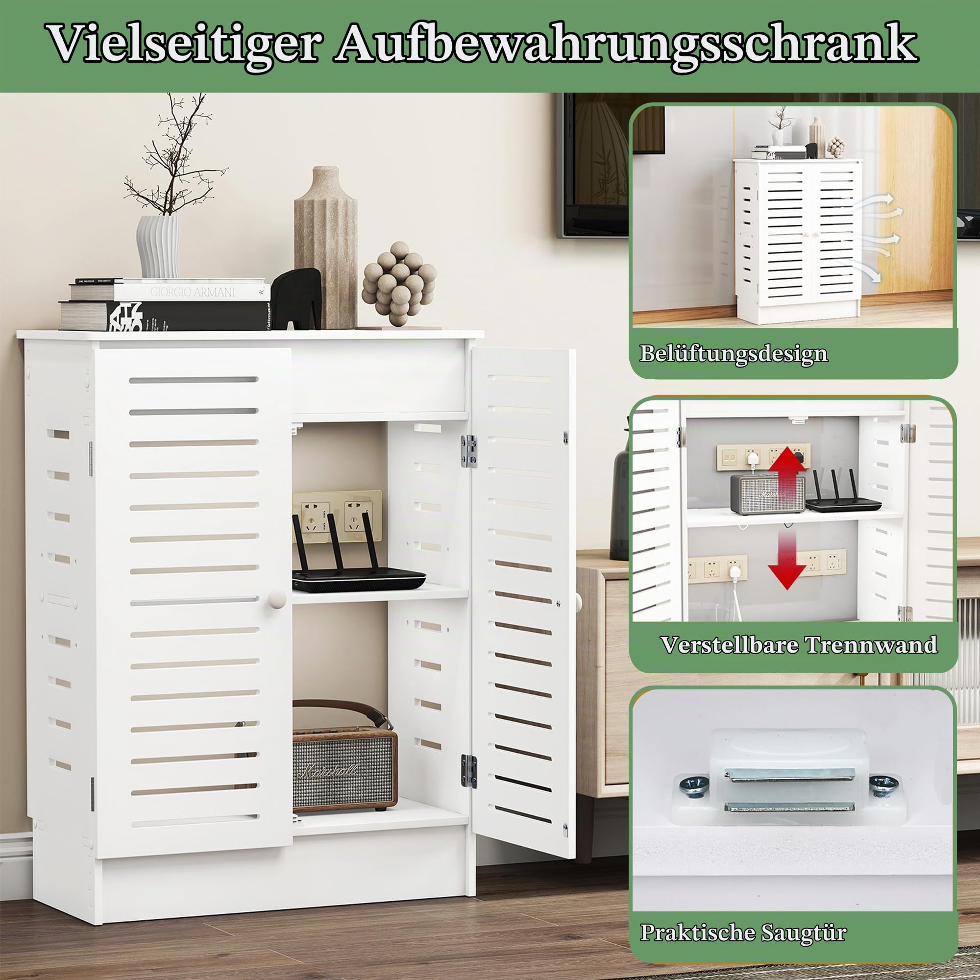 bimiti WiFi Router Aufbewahrungsbox, Weißer PVC Schrank Zweistöckiger | 70x25x50cm für elektronische Geräte/Multimediaanlagen, Stabiler Standfuß