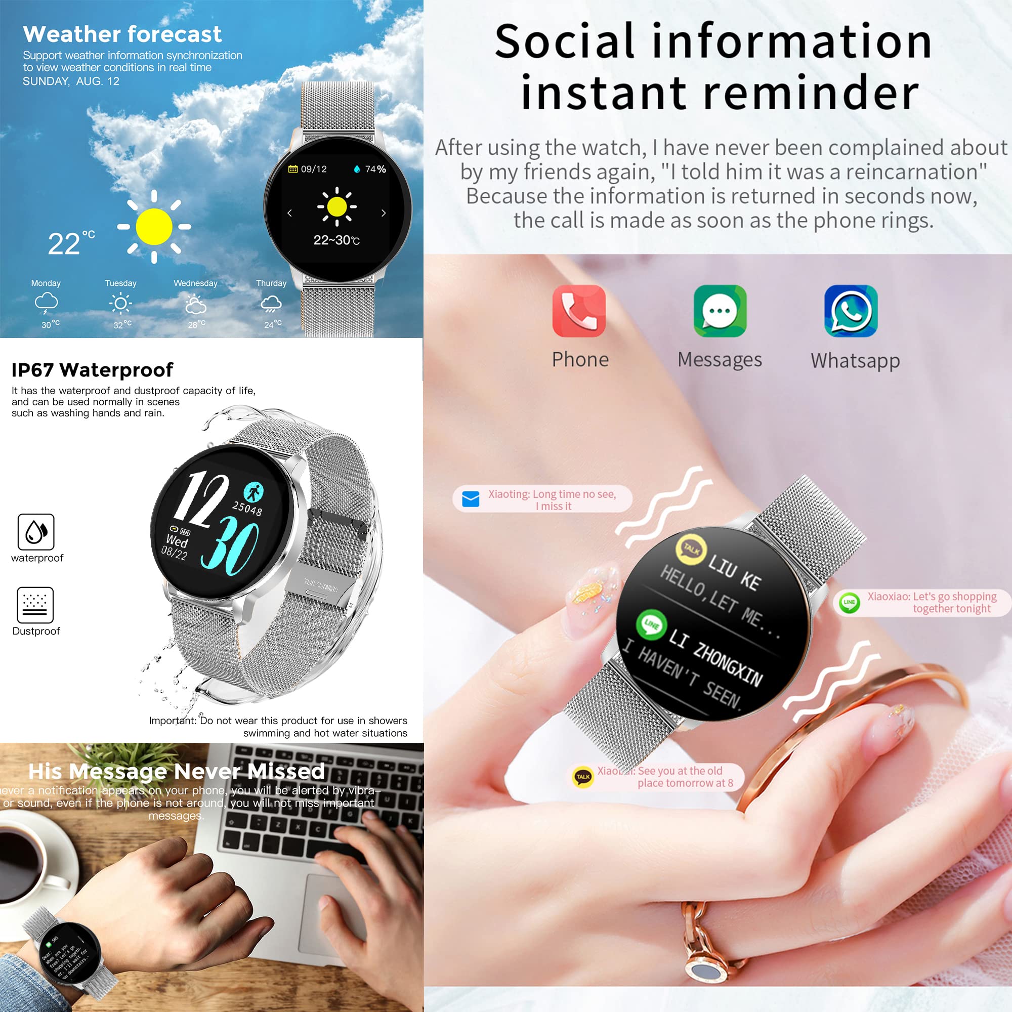 Smartwatch Mujer,Reloj Inteligente con Oxígeno Sanguíneo Presión Arterial Frecuencia Cardíaca,Calorías, Monitor de Sueño, Podómetro Pulsera Actividad Inteligente IP67 para Android iOS (Plata)