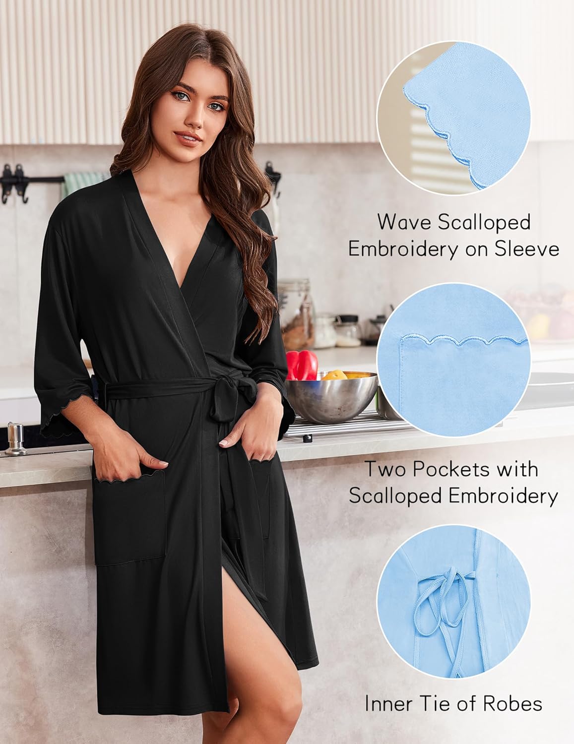 Ekouaer Robes for Women Knee Length Kimono Bathrobe Lightweight 3/4 Sleeve Sleepwear Soft Loungewear with Pockets S-XXL - Image 2