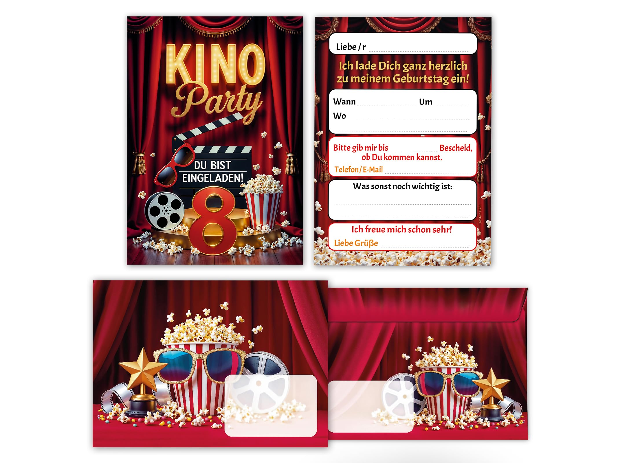 Junaversum 12 Einladungskarten inkl. 12 Umschläge zum 8. Kindergeburtstag Kino Party Mädchen Jungen rot coole bunte Einladungen achte Geburtstag Geburtstagseinladungen Kids