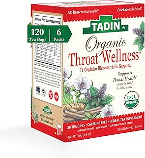 Tadin Organic Throat Wellness Tea, Caffeine Free Herbal Tea for Throat Relief, 20 Tea Bags Per Box, Pack of 6