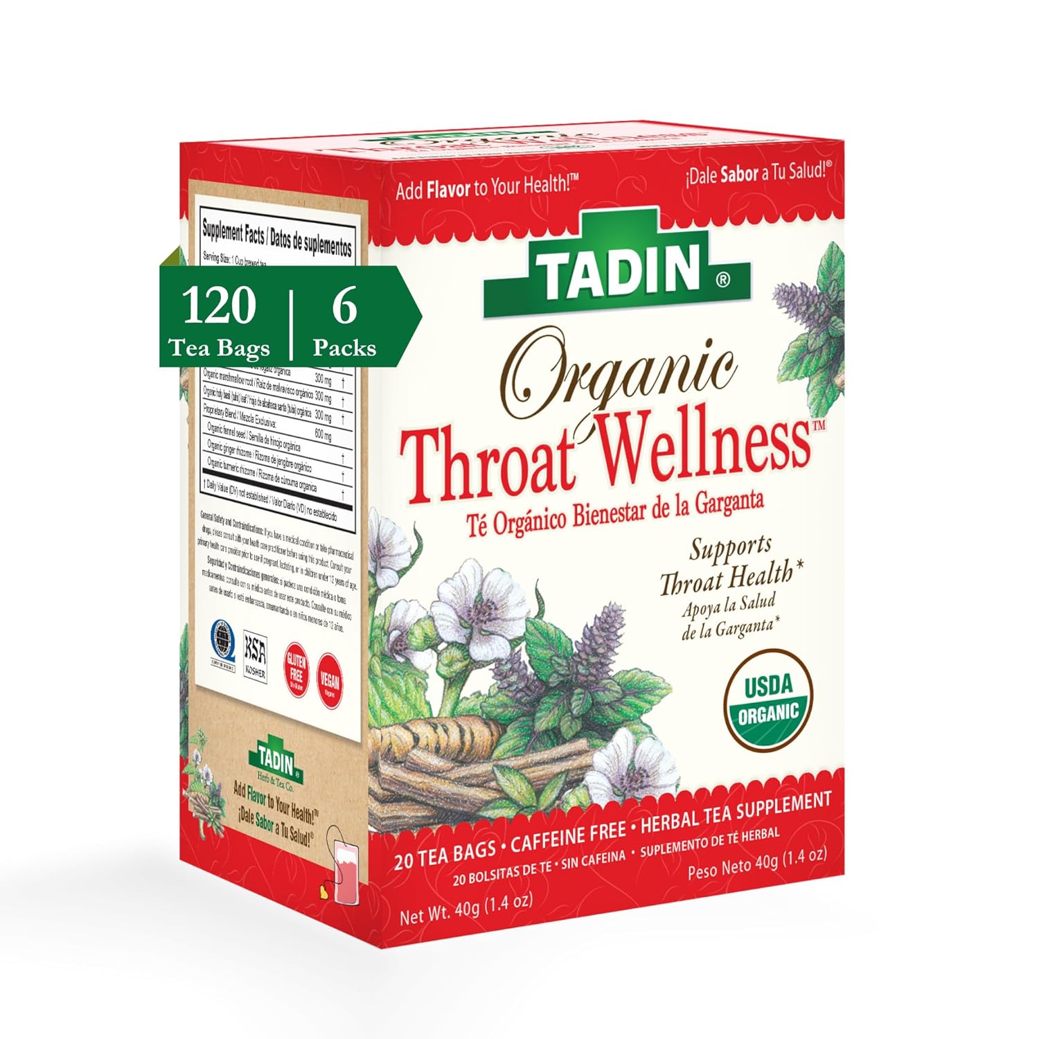 Tadin Organic Turmeric Immunity Now, Caffeine Free Herbal Tea for Immunity Support, 20 Tea Bags Per Box, Pack of 6