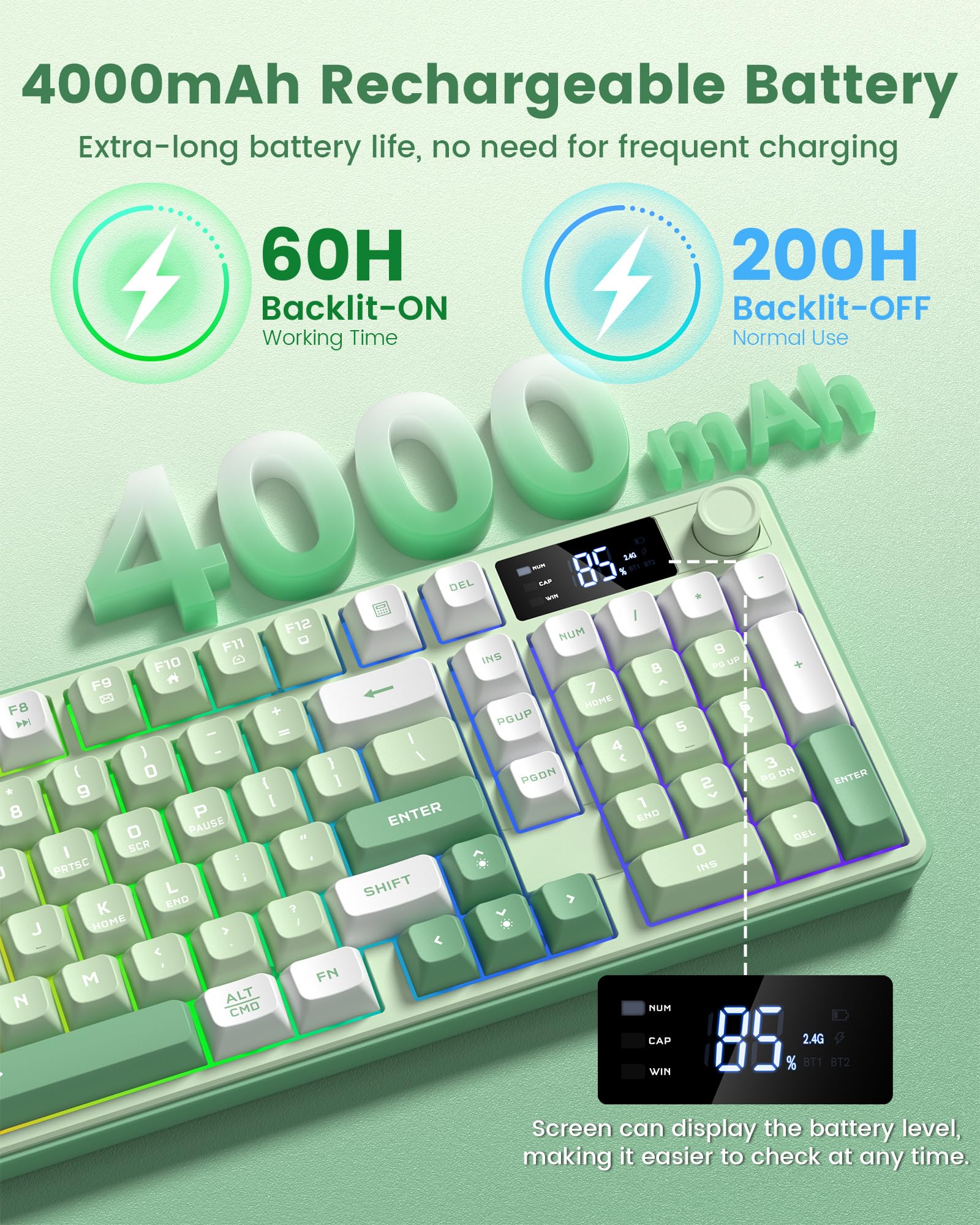 Keymatic Gaming Keyboard Wireless Creamy Keyboard with Media Knob & Screen Cute Keyboard Mechanical Feeling Membrane Keyboard with Number Pad RGB Backlit Tri-Mode BT/2.4GHz/USB-C - Green — view 7