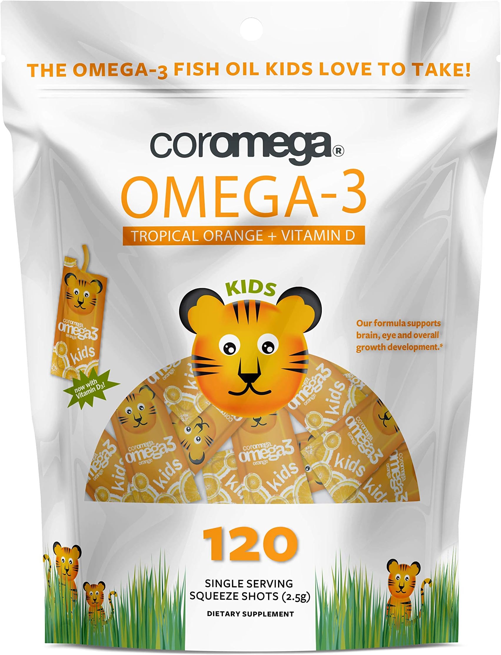 Coromega Kids Omega 3 Fish Oil Supplement, 650mg of Omega-3s, Tropical Orange + Vitamin D, 120 Single Serve Squeeze Packets