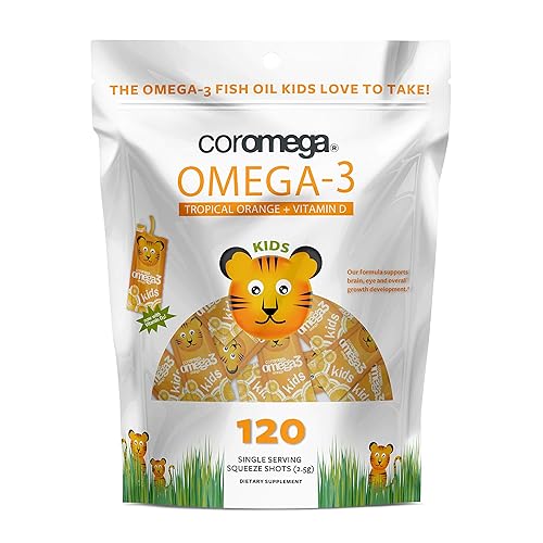 Coromega Kids Omega 3 Fish Oil Supplement, 650mg of Omega-3s, Tropical Orange + Vitamin D, 120 Single Serve Squeeze Packets - 120 Count (Pack of 1)