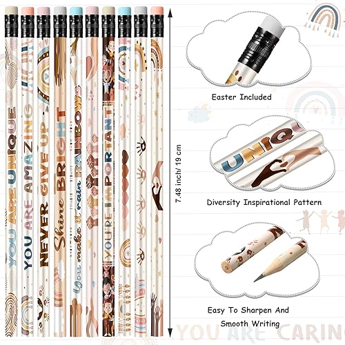 Miniatura 3 de Gerrii 100 lápices inspiradores a granel diversidad motivacional con borrador, arco iris retro de regreso a la escuela, papelería para niños,