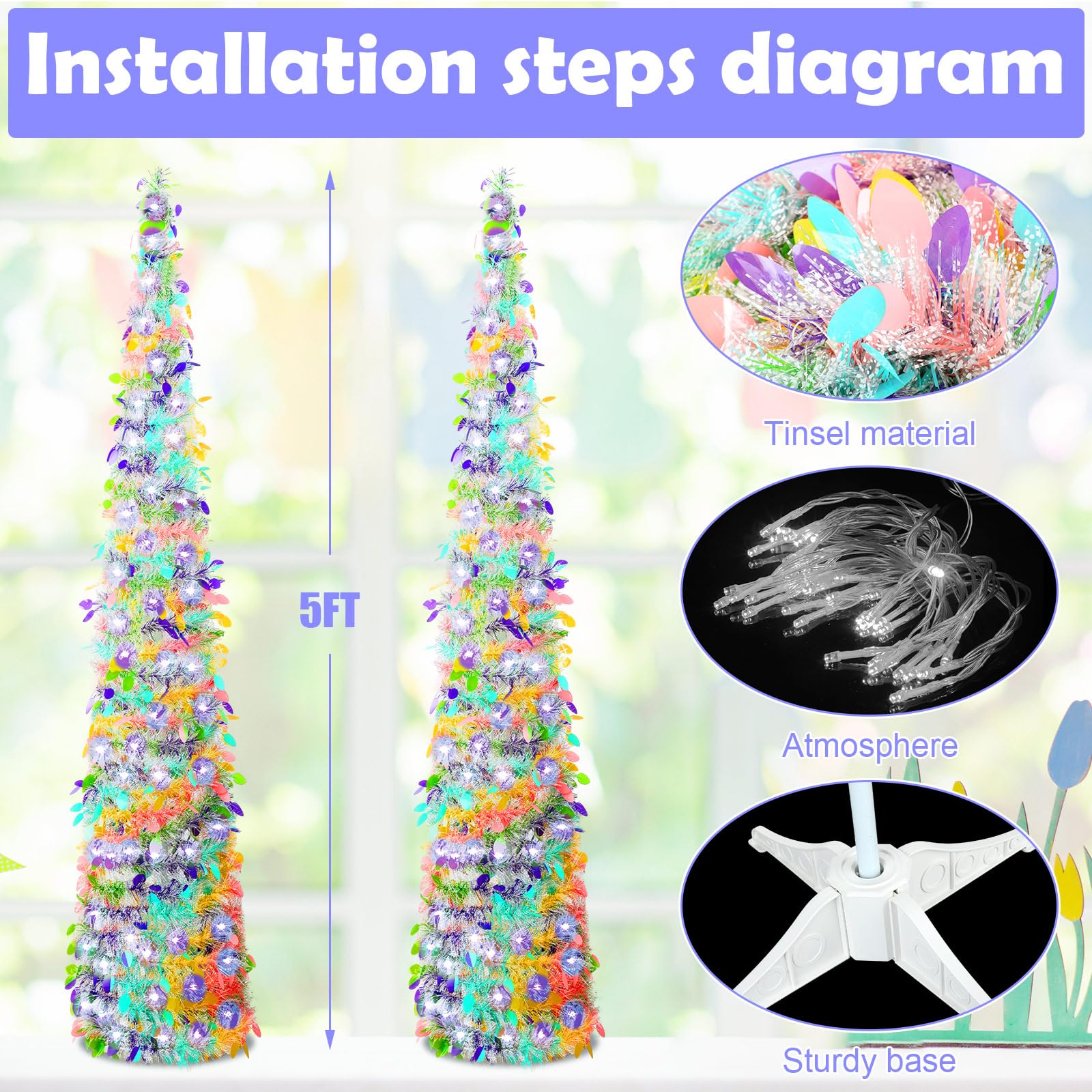 Sosation 2 Pcs 5 ft LED Easter Trees Green Tinsel Pop up Artificial Pencil Trees with String Lights Collapsible for Easter Party Fireplace Home Decorations(Multicolor)