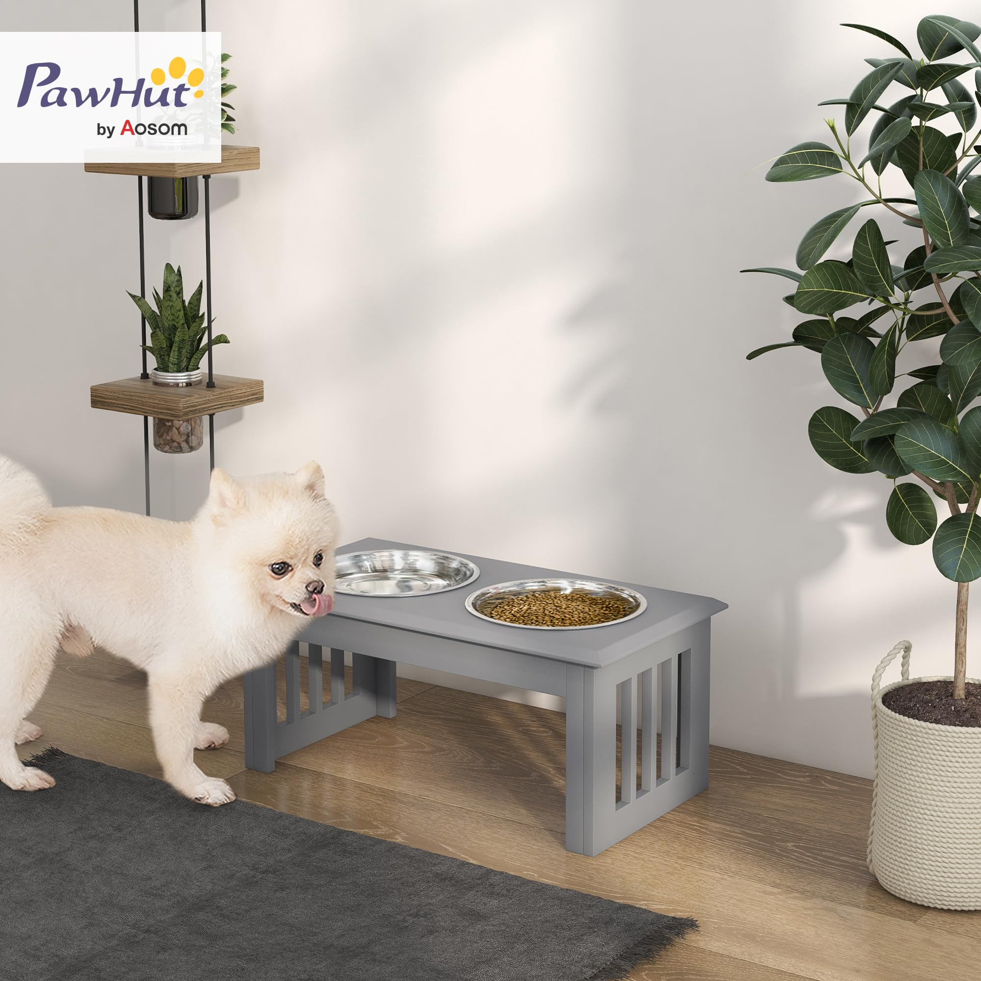 PawHut Cuencos elevados de acero inoxidable para perros con soporte para perros extra pequeños y pequeños, cuencos elevados para mascotas, alimentador de agua y alimentos, 58 x 31 x 25 cm, color gris