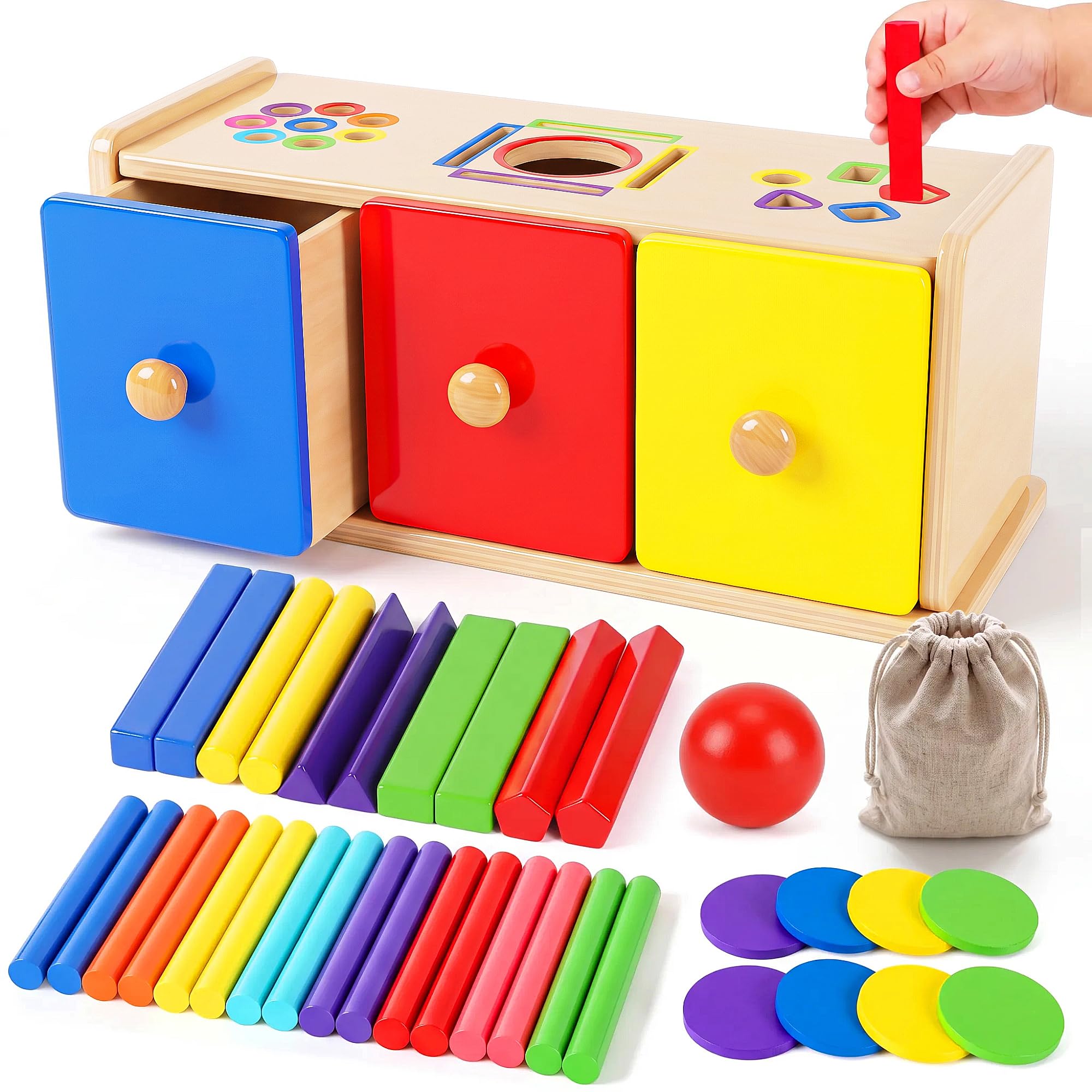 Montessori Toys for 1+ Year Old, 4 in 1 Wooden Color Shape Sorting Drawer Box Toys Toddler Toys 1 2 Year Olds Sensory Toys Baby Toys Christmas Birthday Gifts for 1 2 Year Olds Boys Girls Toys Age 1-2