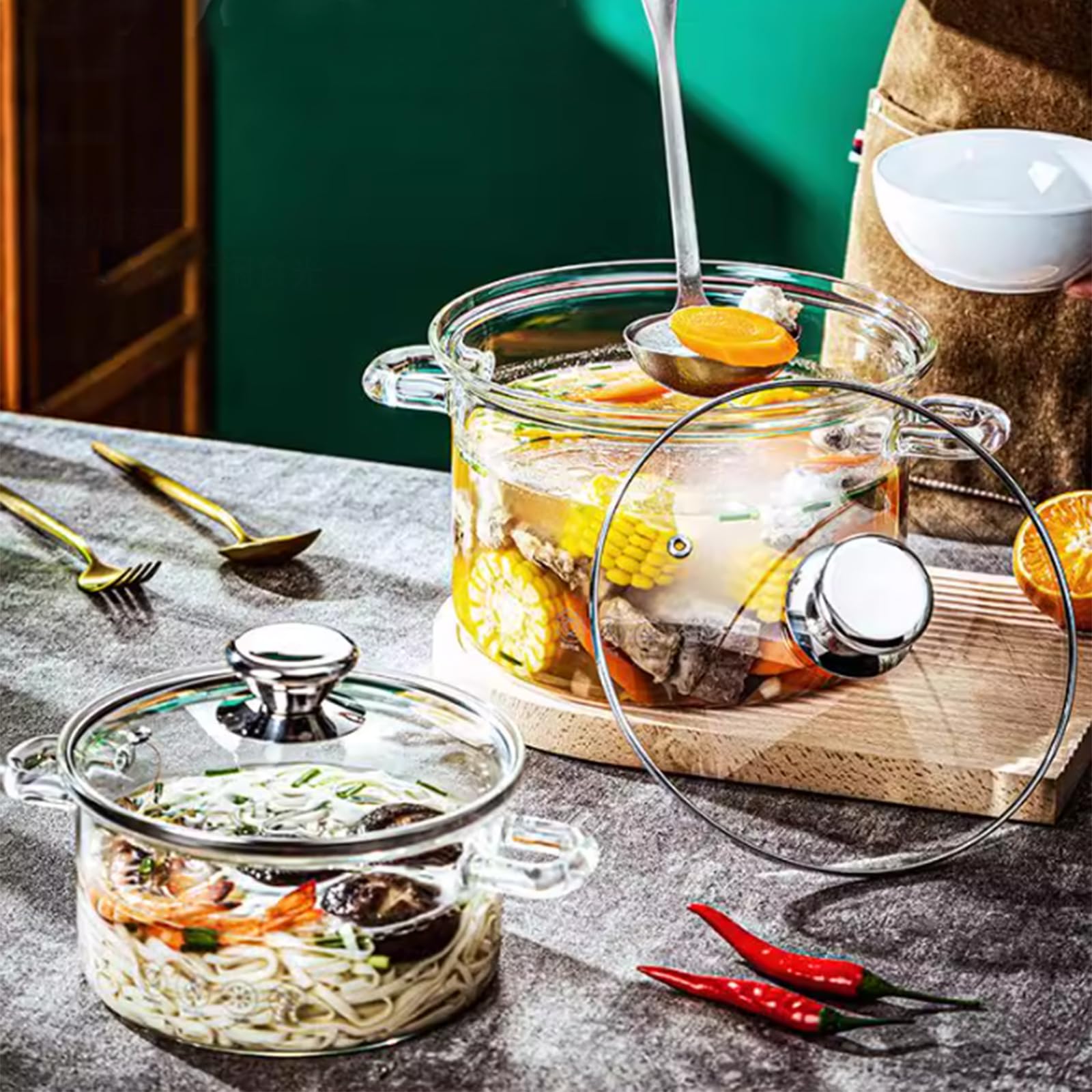 Olla de vidrio resistente al calor para guisos y pasta, diseño transparente duradero para cocinar y servir