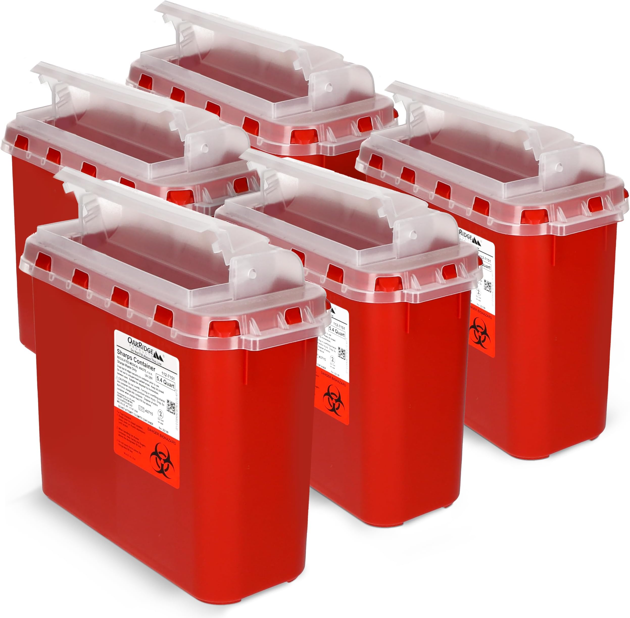 Transparent Sharps Container for Home Use and Professional 5.4 Quart (5-Pack), Touchless Biohazard Needle and Syringe Disposal, Rotating Lid, CDC Certified