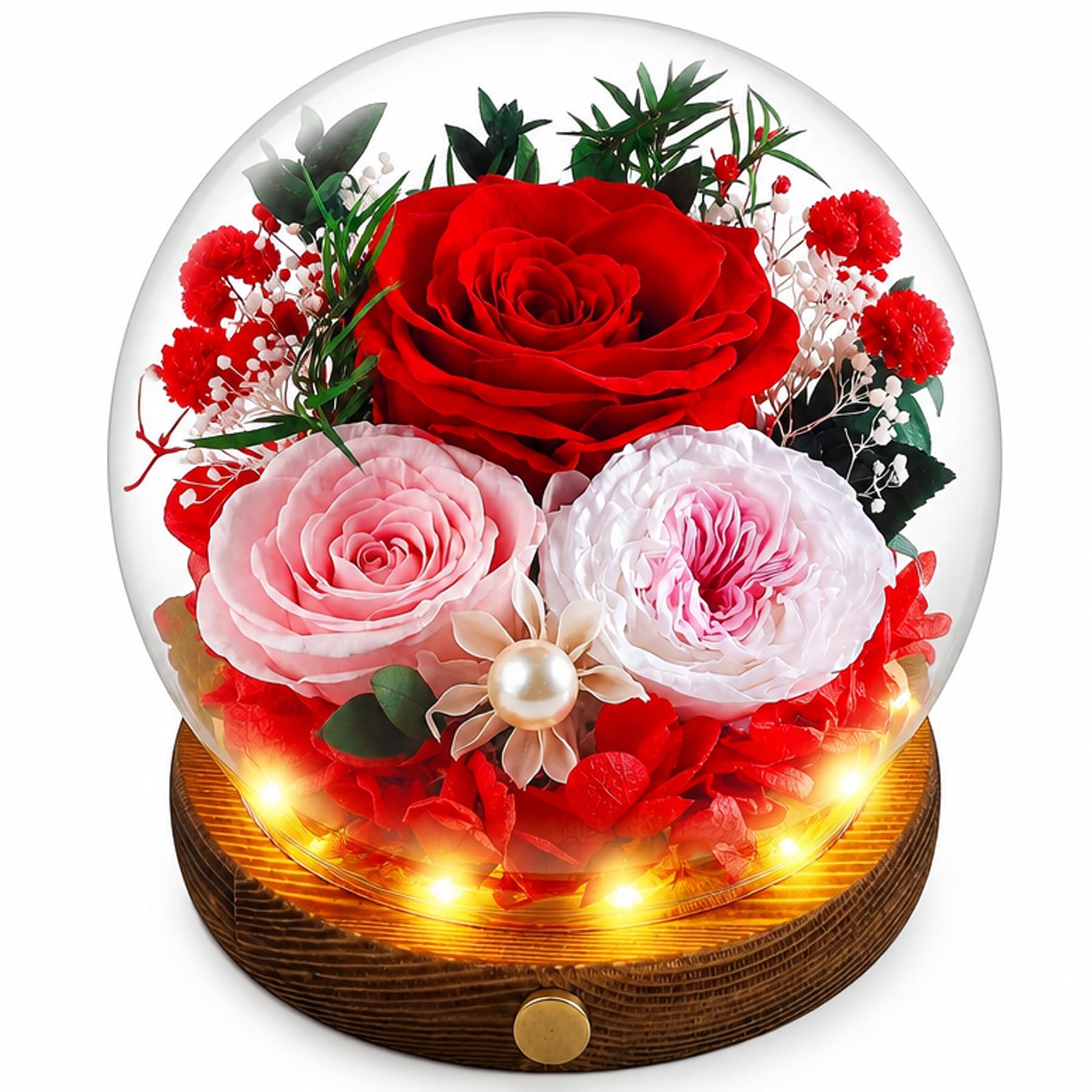 Elover Preserved Roses in Glass Dome with LED Light – Long Lasting Real Flowers,Forever Eternal Rose for Mother's Day,Valentine's Day,Birthday Gifts for Women,Mum,Wife,Girlfriend (Red)