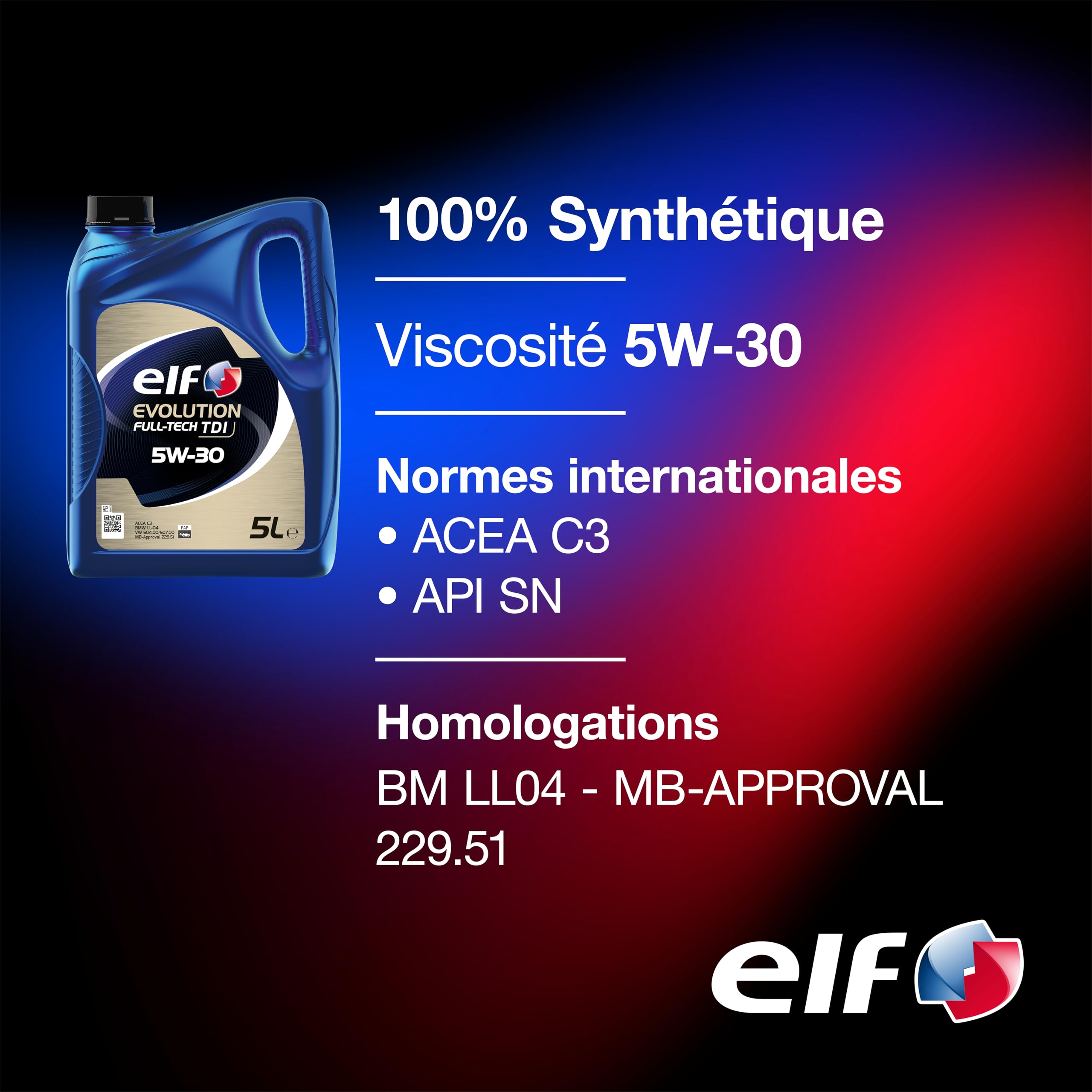 ELF EVOLUTION FULL-TECH TDI 5W-30, Huile moteur essence et Diesel, 5 litres