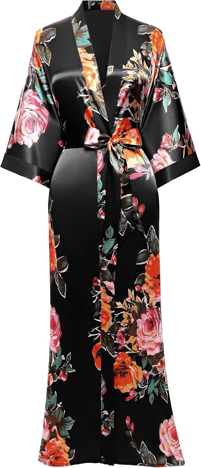 BABEYOND Women's Kimono Robe Long Satin Silky Floral Lightweight Bridesmaid Wedding Bachelorette Party Robe