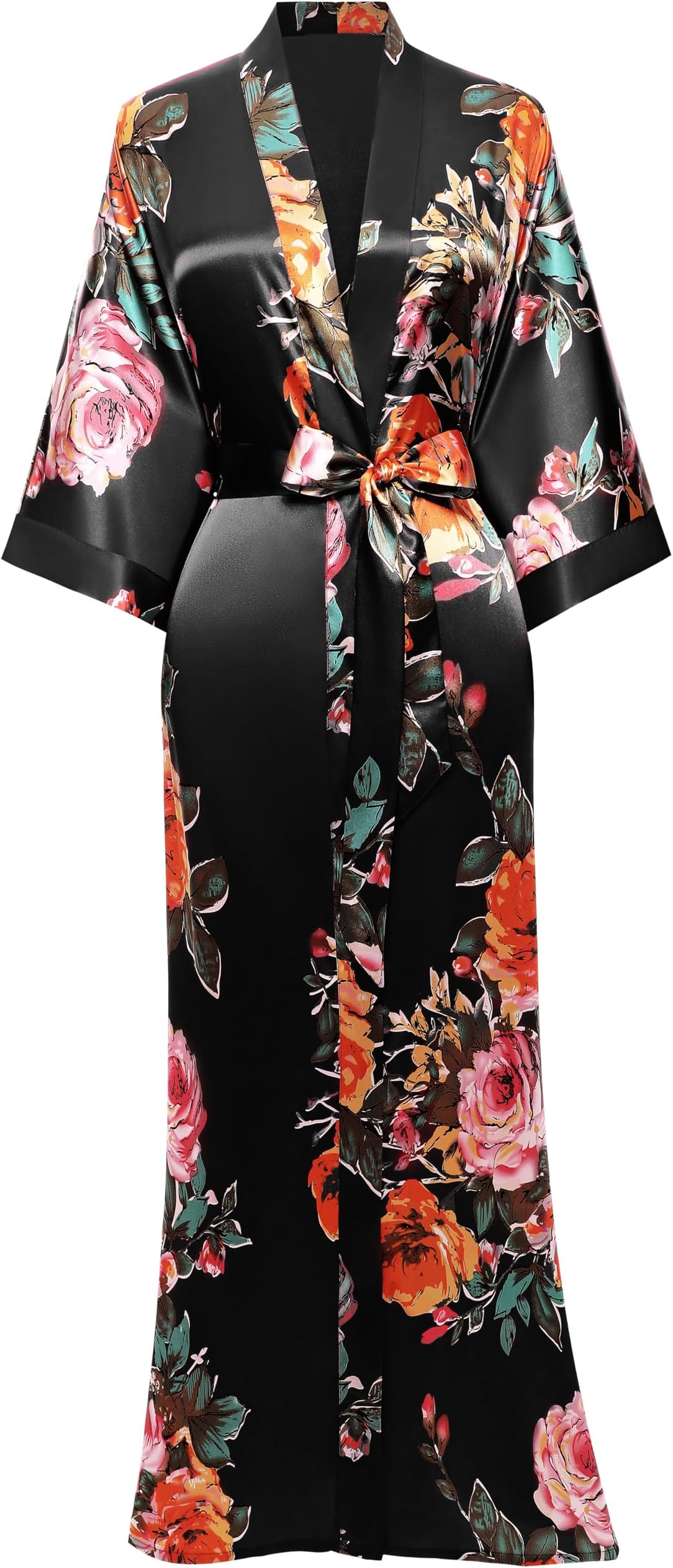 Women's Kimono Robe Long Satin Silky Floral Lightweight Bridesmaid Wedding Bachelorette Party Robe