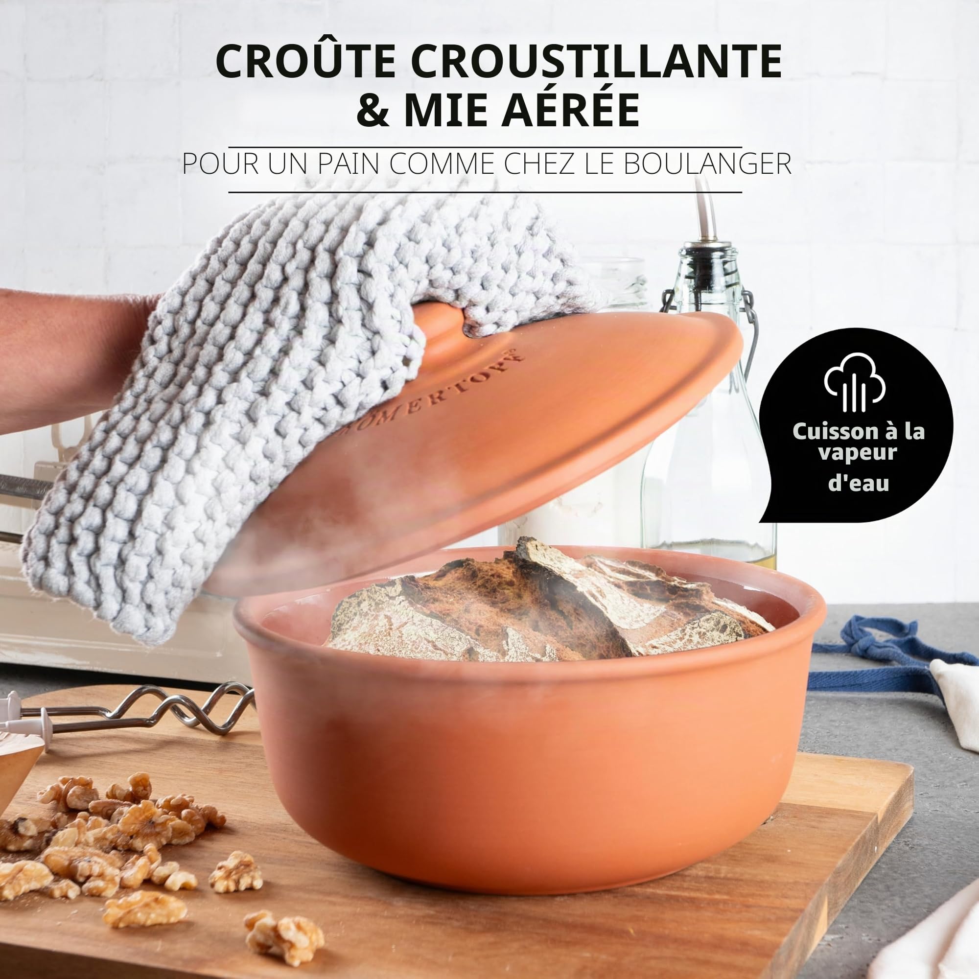 Römertopf Moule à pain en terre cuite Ø 23 cm, cocotte à pain pour une croûte croustillante, passe au lave-vaisselle, terre cuite