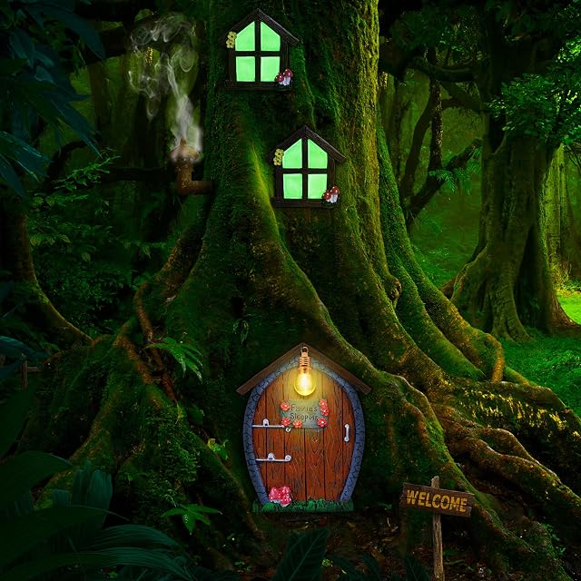 Home Miniature Window and Door with Glitter Lamp Tree Face Outdoor Glow in Dark Fairies Sleeping Door and Windows Yard Garden Sculpture for Trees Decoration Garden Lawn Ornament (Stone Style)