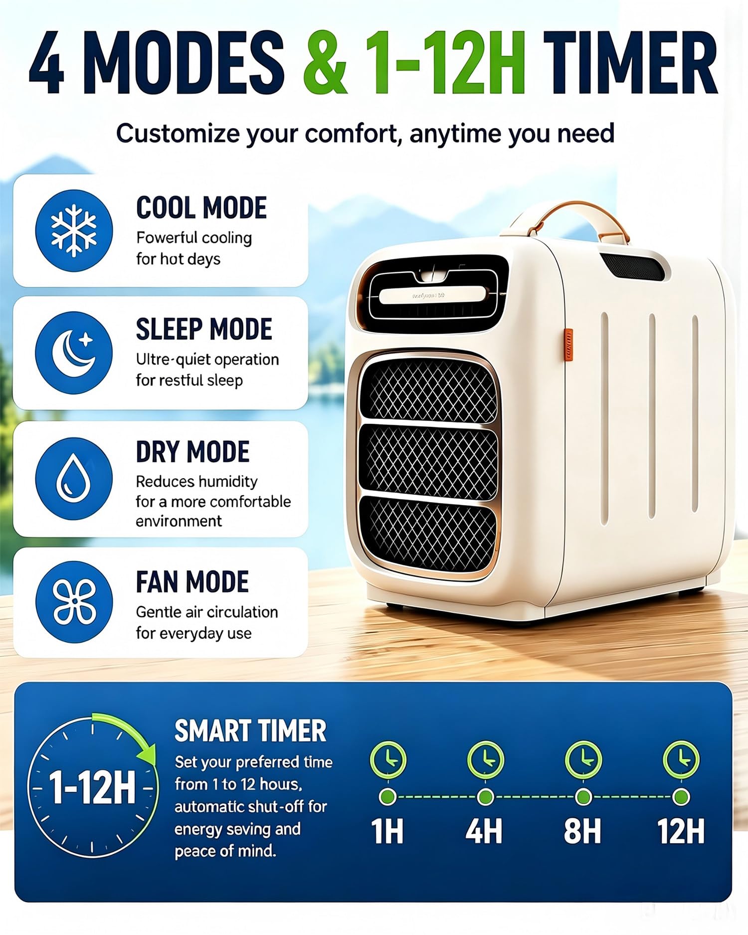 Aire Acondicionado Portátil de Doble Manguera de 4800 BTU y 220 V | 4 en 1: refrigeración, deshumidificación, ventilador y modo nocturno, para RV, camper, tienda, oficina y espacios pequeños