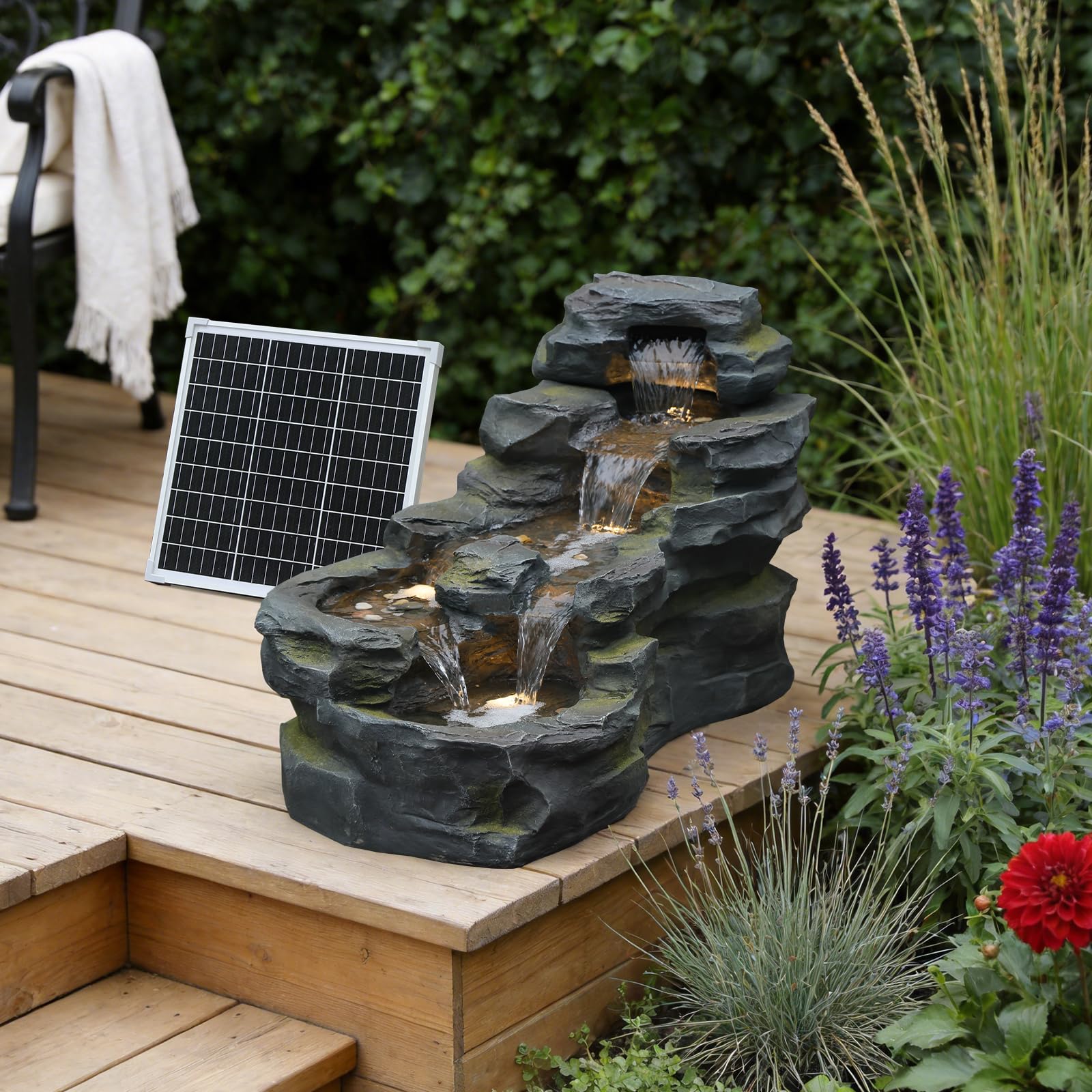 Bumilgar Solarbrunnen mit LED-Beleuchtung, 5-stufiger Etagenbrunnen aufstellbar, Naturstein-Optik Wasserfall-Brunnen für Terrasse, Balkon | Garten-Dekoration & Wohnaccessoire | 94 x 49 x 53 cm