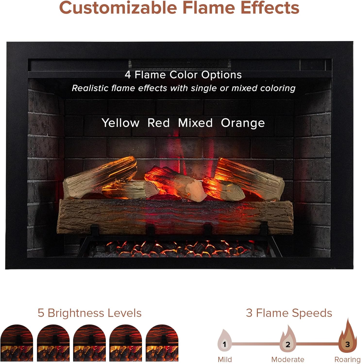 Close-up of the Modern Ember fireplace insert displaying various flame color options (Yellow, Red, Mixed, Orange) and indicators for 5 brightness levels and 3 flame speeds.