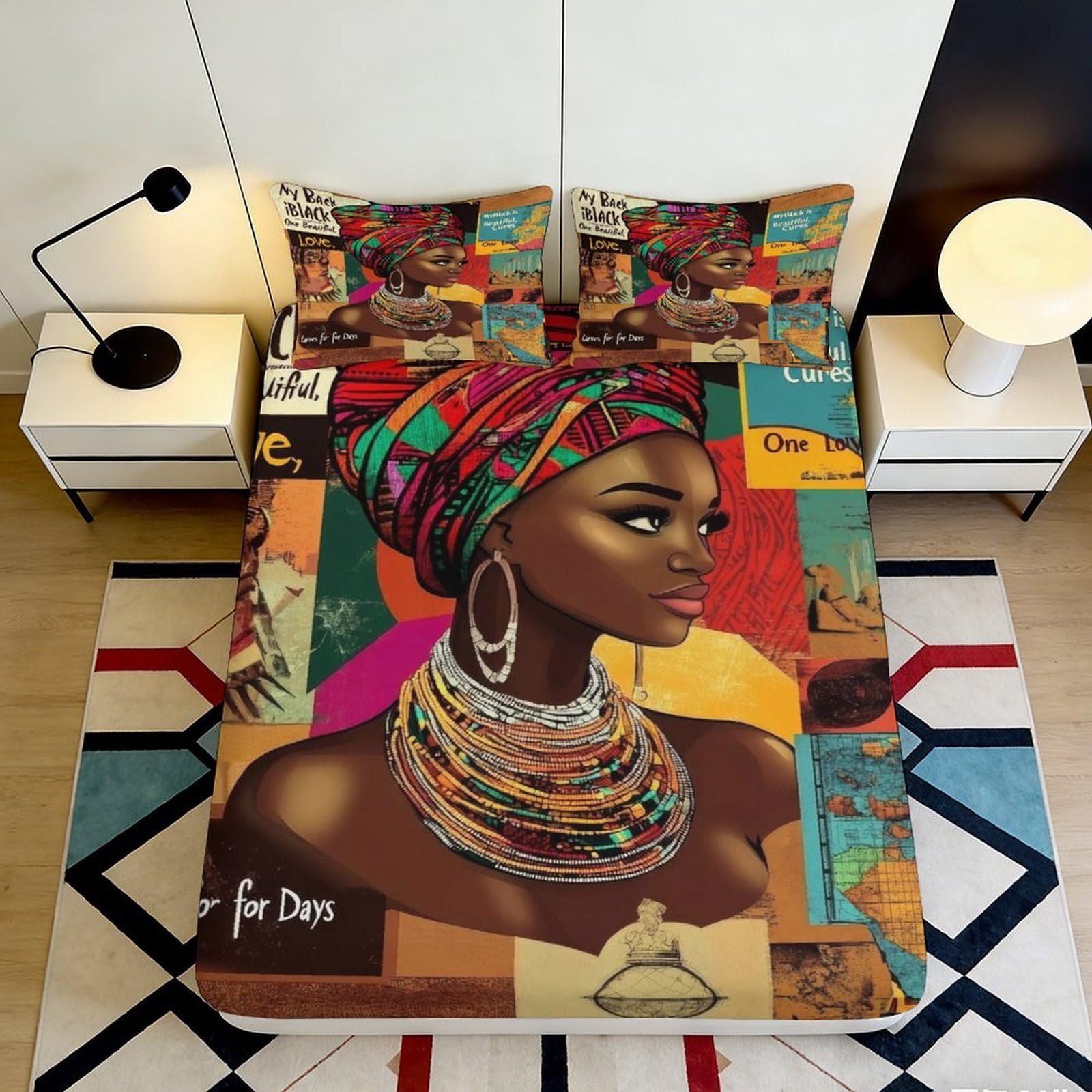 3D Printed African Woman Art Fitted Sheet Microfiber Colorful Headwrap Bed Cover for Bedroom Guest Room Home Decor 120x200cm 120x200x25cm