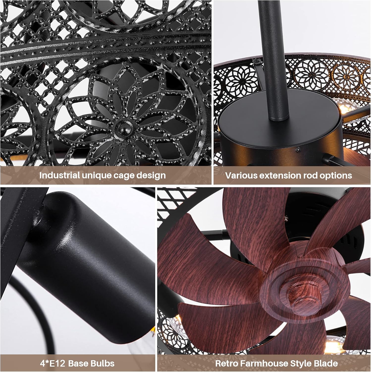 REDSTAR Small Caged Ceiling Fans with Lights, Black Industrial Ceiling Fan with Light and Remote, Farmhouse Ceiling Fan Light for Living Room, Bedroom, Kitchen
