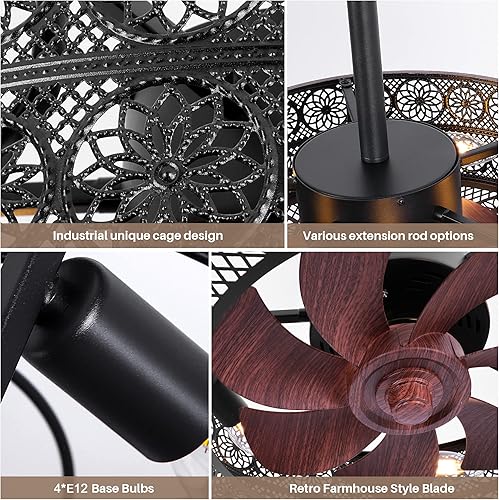 Miniatura 7 de REDSTAR Ventiladores de techo pequeños enjaulados con luces, ventilador de techo industrial negro con luz y control remoto, ventilador de techo de