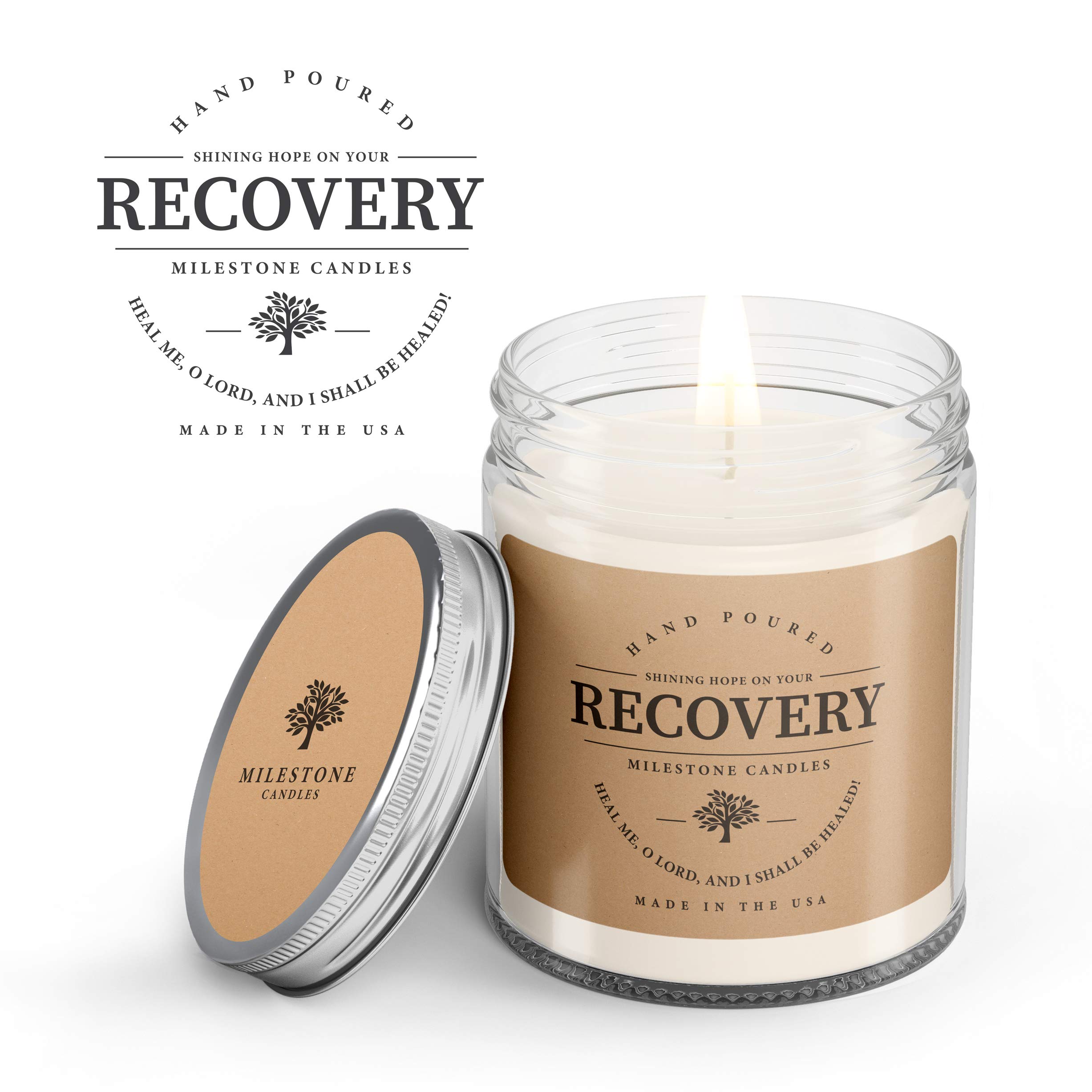 Recovery Mason Jar Candle 7.5 oz Glass, Made in The USA, Soy Blend, 100% Cotton Wick, Reusable Keepsake