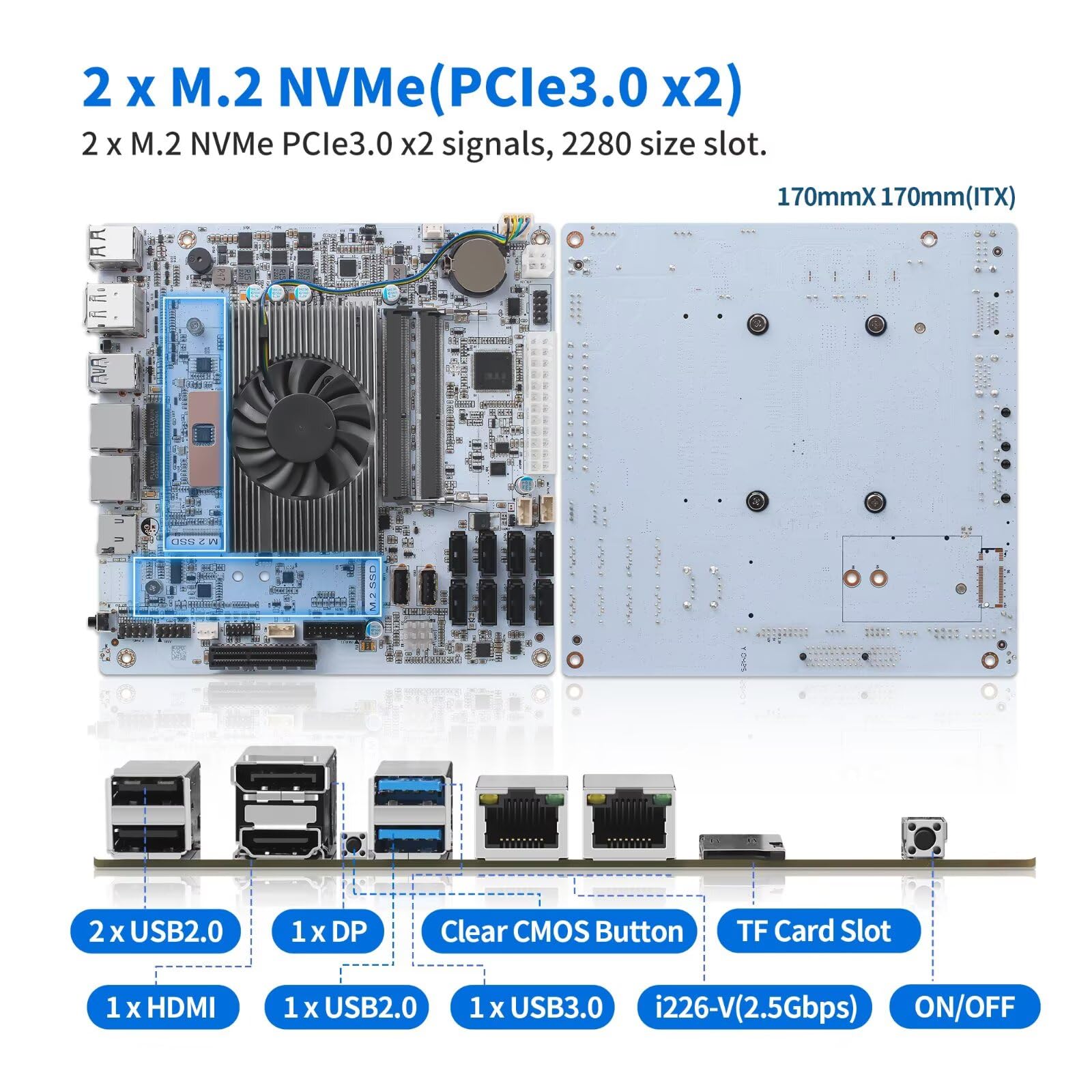 Mni ITX NAS Motherboard 8 Bay i5 8265U, 17X17cm PC Mainboard mit 2x 2.5GbE LAN, 2 x DDR4 Slot, 2 x NVMe, 1x PCI-Ex4, Support VT-x/VT-d, HD+DP 4K, Barebone