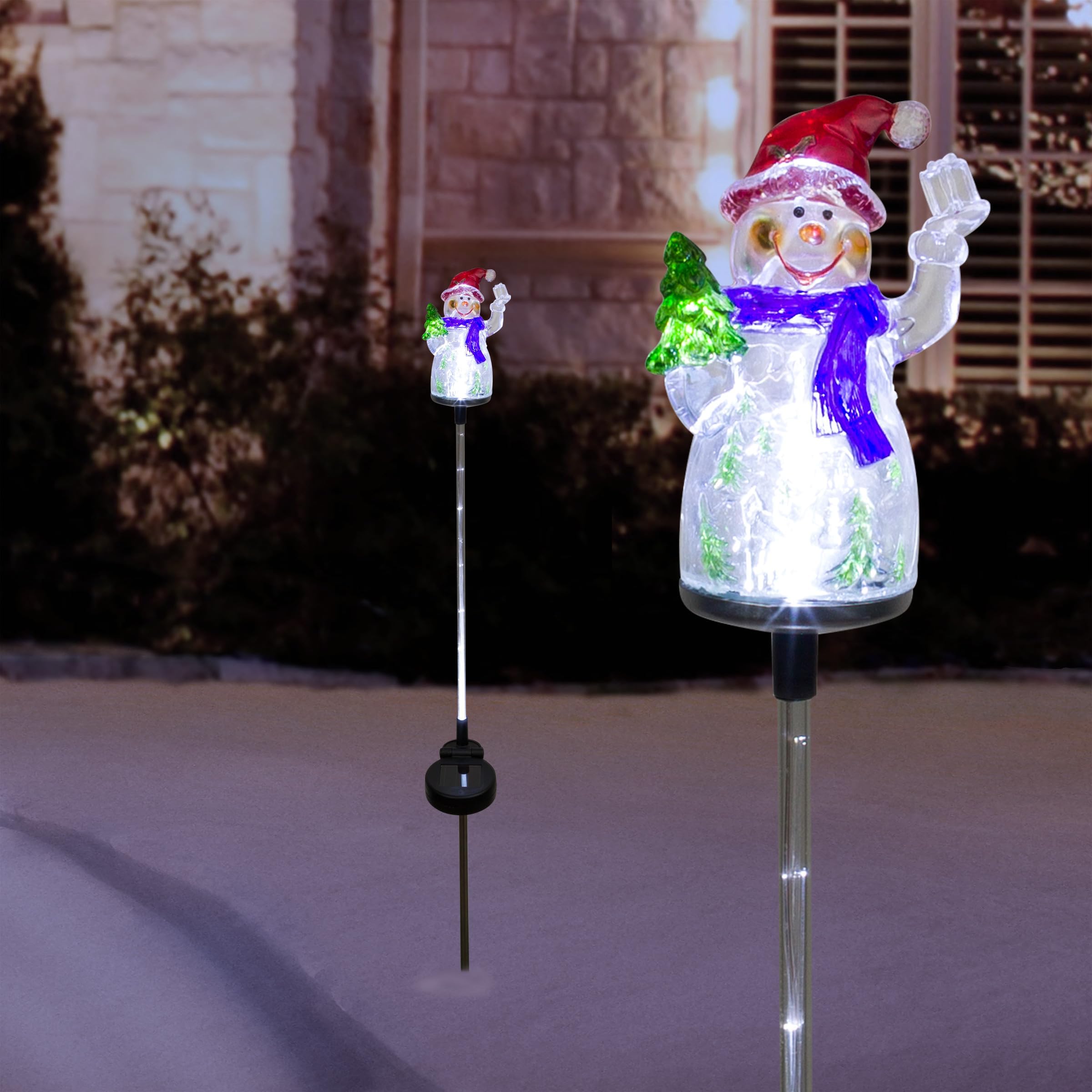 34"H Outdoor Solar Snowman Fiber Optic Lawn Stakes with LED Lights (Set of 2)