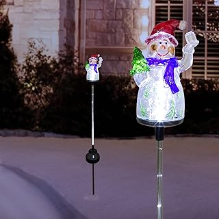 Alpine Corporation QLP1103SLR-2 Outdoor Solar Snowman Garden Stakes with 2 White Fiber Optic LED Lights, Set of 2