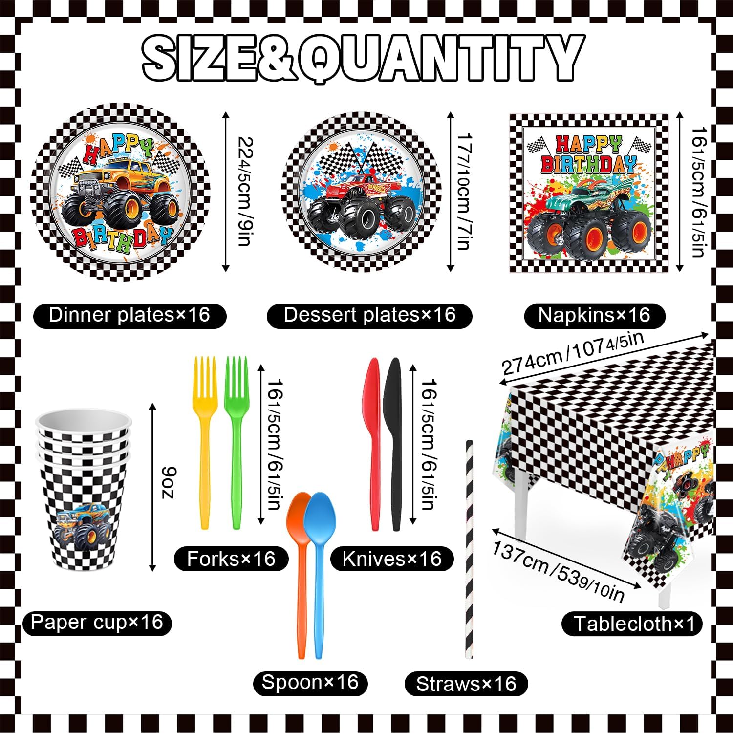 Truck Birthday Decorations Kit,162pcs Monster Birthday Party Supplies Serves 16 Guests, Truck Theme Party Decorations for Boy
