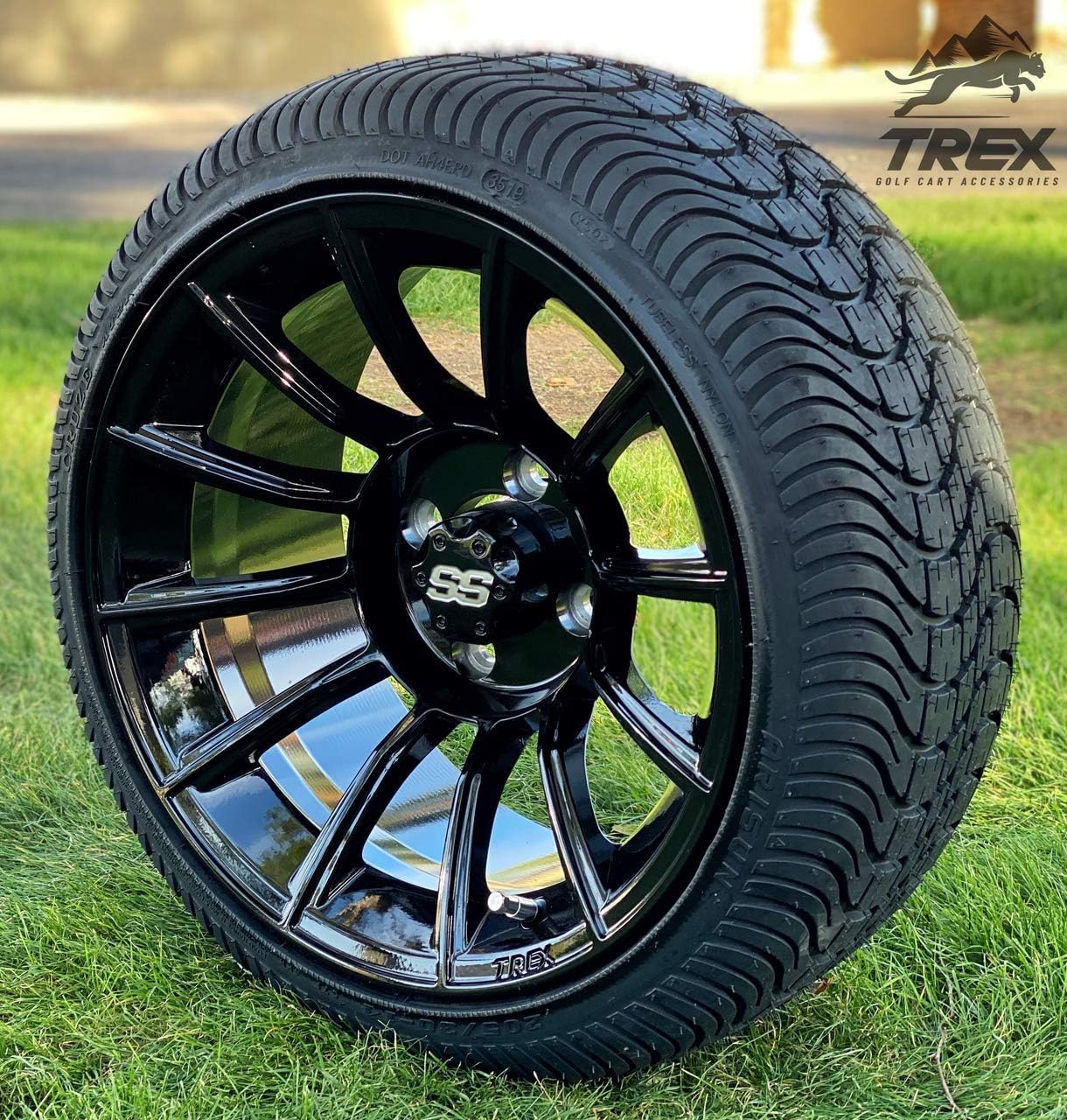 14" TITAN GLOSS BLACK ALUMINUM WHEELS AND 205/30-14 LOW PROFILE DOT TIRES COMBO - SET OF 4 (Standard Lugs (EZ-GO, Club Car))