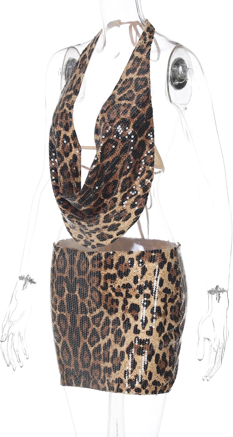 Women's Shiny Sequin Leopard Print Mini Skirt Set Sexy Cowl Neck Halter Top and Short Skirt - Image 7