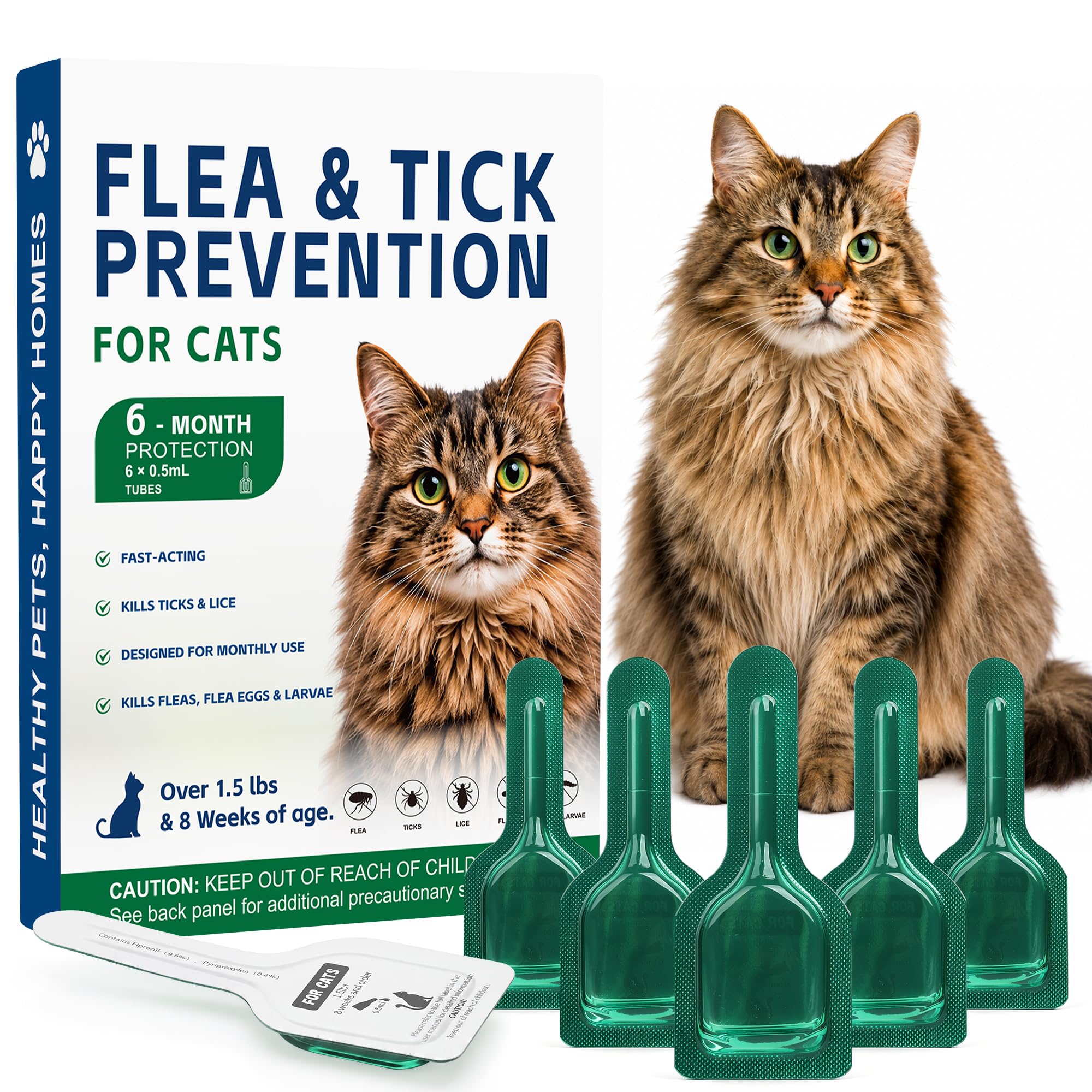 Flea & Tick Spot-On for Cats, Topical Cat Drops, Monthly Care, 6 Pack