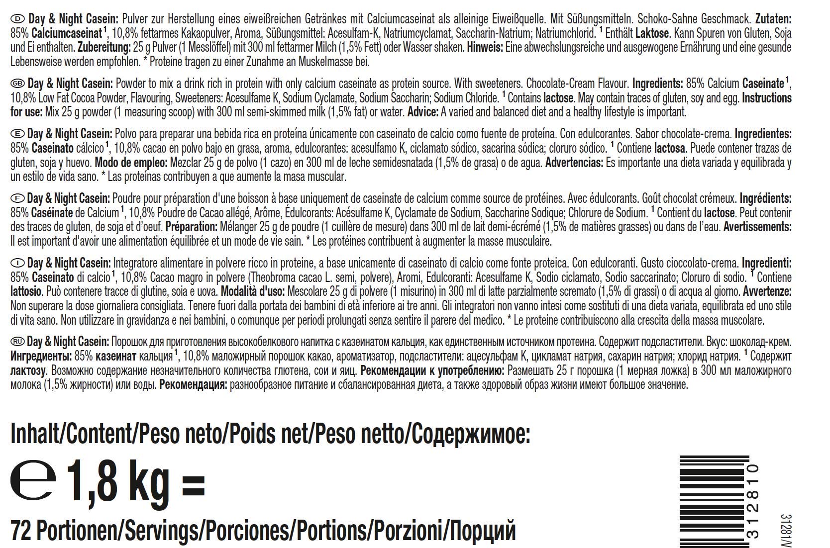 Weider Day & Night Caseina in Polvere Proteica, Crema al Cioccolato, Proteine ​​per la Costruzione Muscolare, Frullato Fitness 1.8 kg