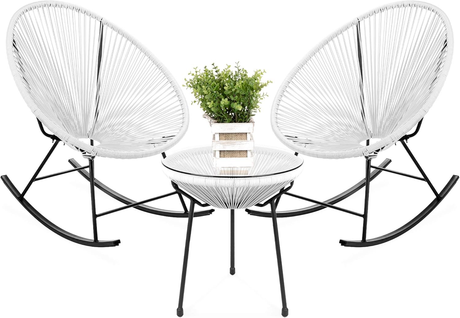 Best Choice Products 3-Piece Outdoor Acapulco All-Weather Woven Rope Patio Conversation Bistro Set w/Glass Top Table and 2 Rocking Chairs - White : Patio, Lawn & Garden