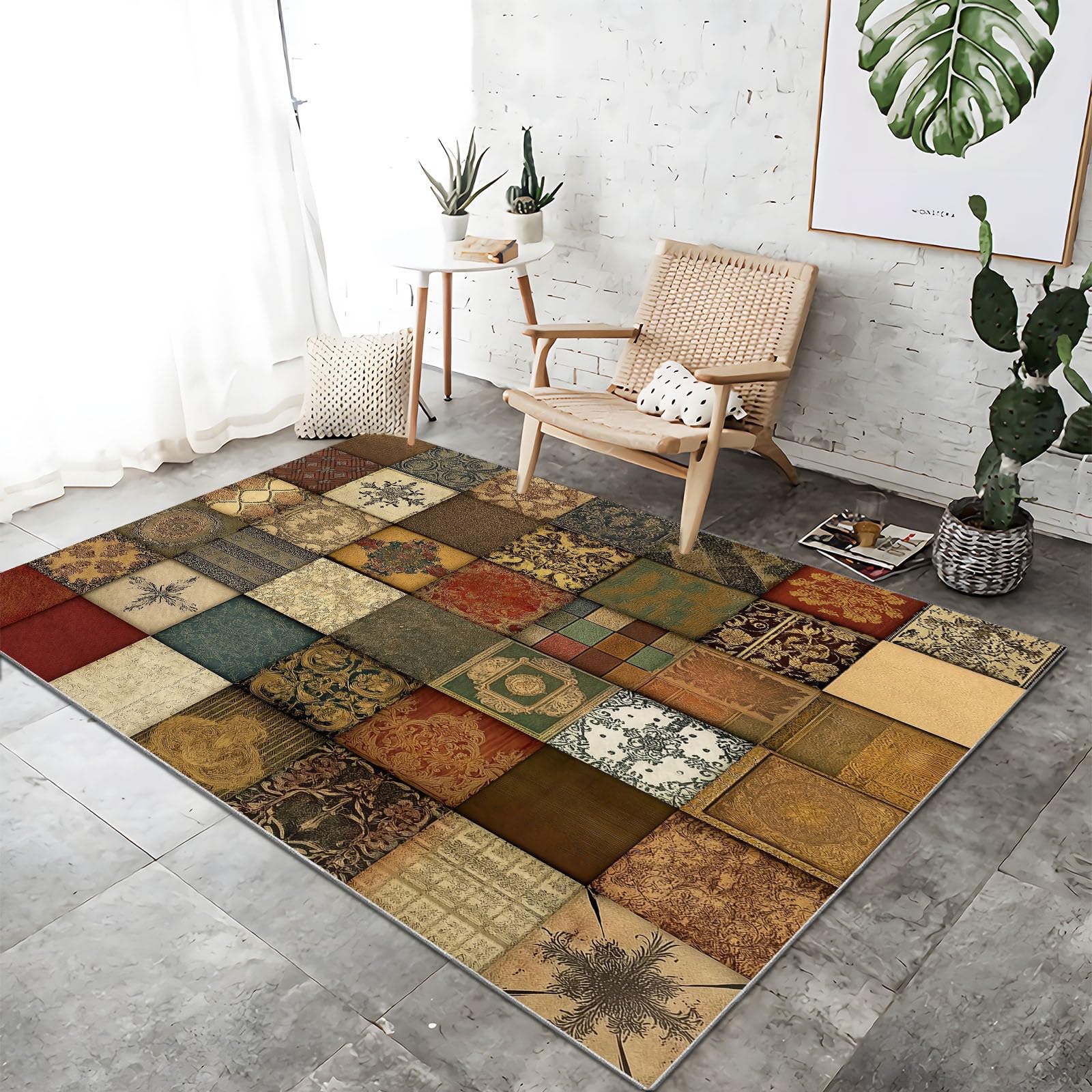 Bunter Patchwork Teppich 80 x 150 cm | Retro-Textur-Druck auf weichem Flanell Pflegeleichter, Rutschfester Bodenteppich, der eine nostalgisch-gemütliche Aura im Schlafzimmer verströmt