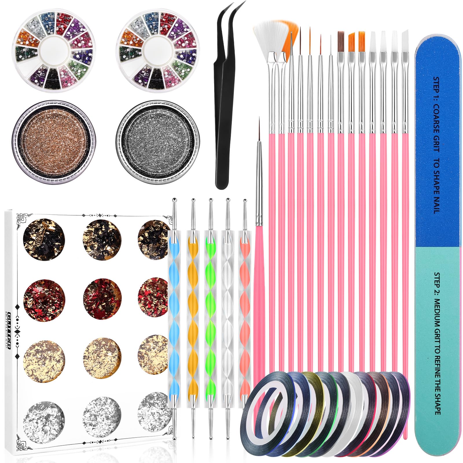 Zestaw pędzli do zdobienia paznokci, akcesoria dekoracyjne do nail art, pędzle do paznokci, kamienie stras, brokat, złota folia, wzór do paznokci, Dotted Pen, taśma w paski do manicure, pędzel