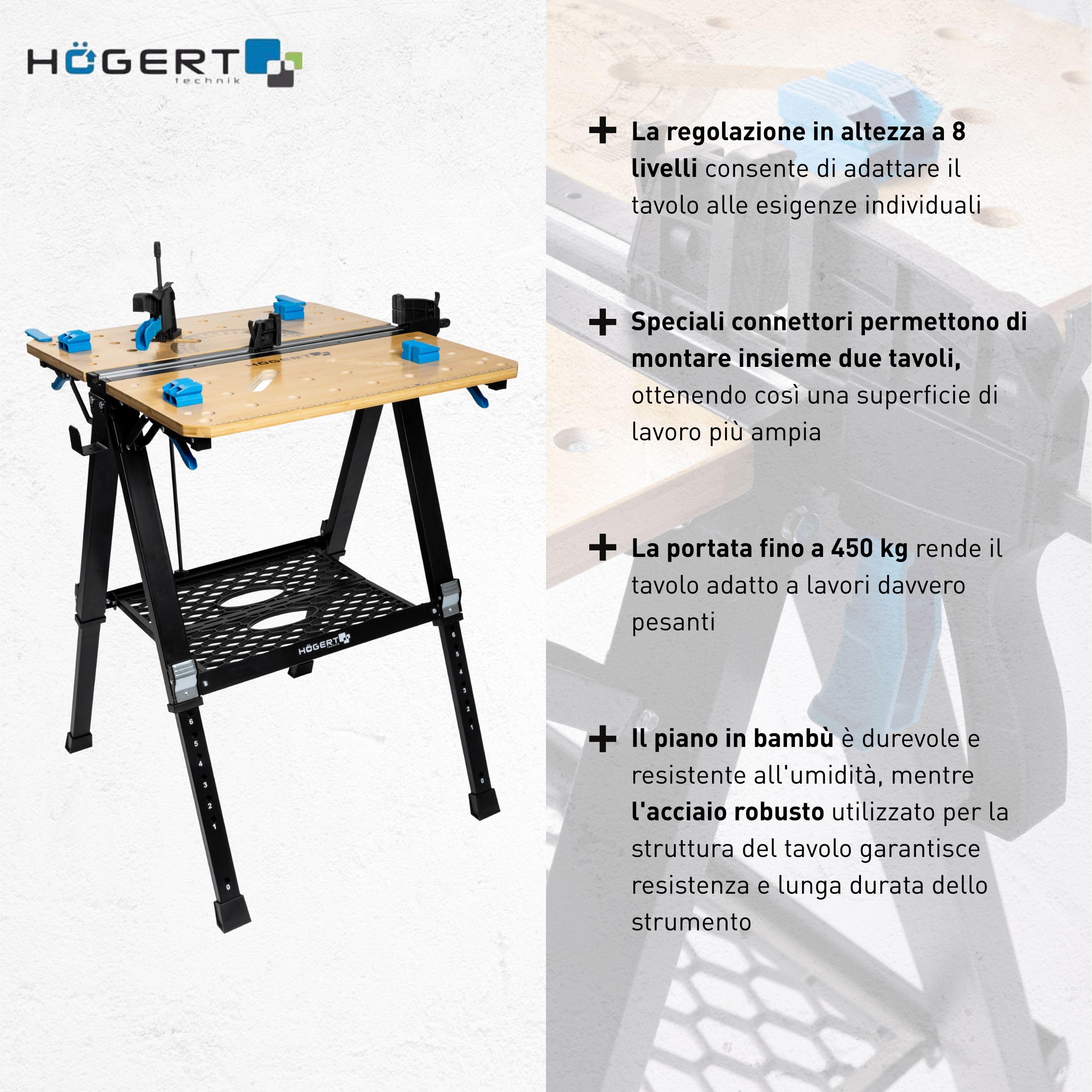 HÖGERT TECHNIK Tavolo da officina pieghevole, 700 x 650 x 915 mm, con piastra in bambù, regolazione in altezza a 5 livelli, capacità di carico 450 kg, fori, raccordi e morsetti di serraggio