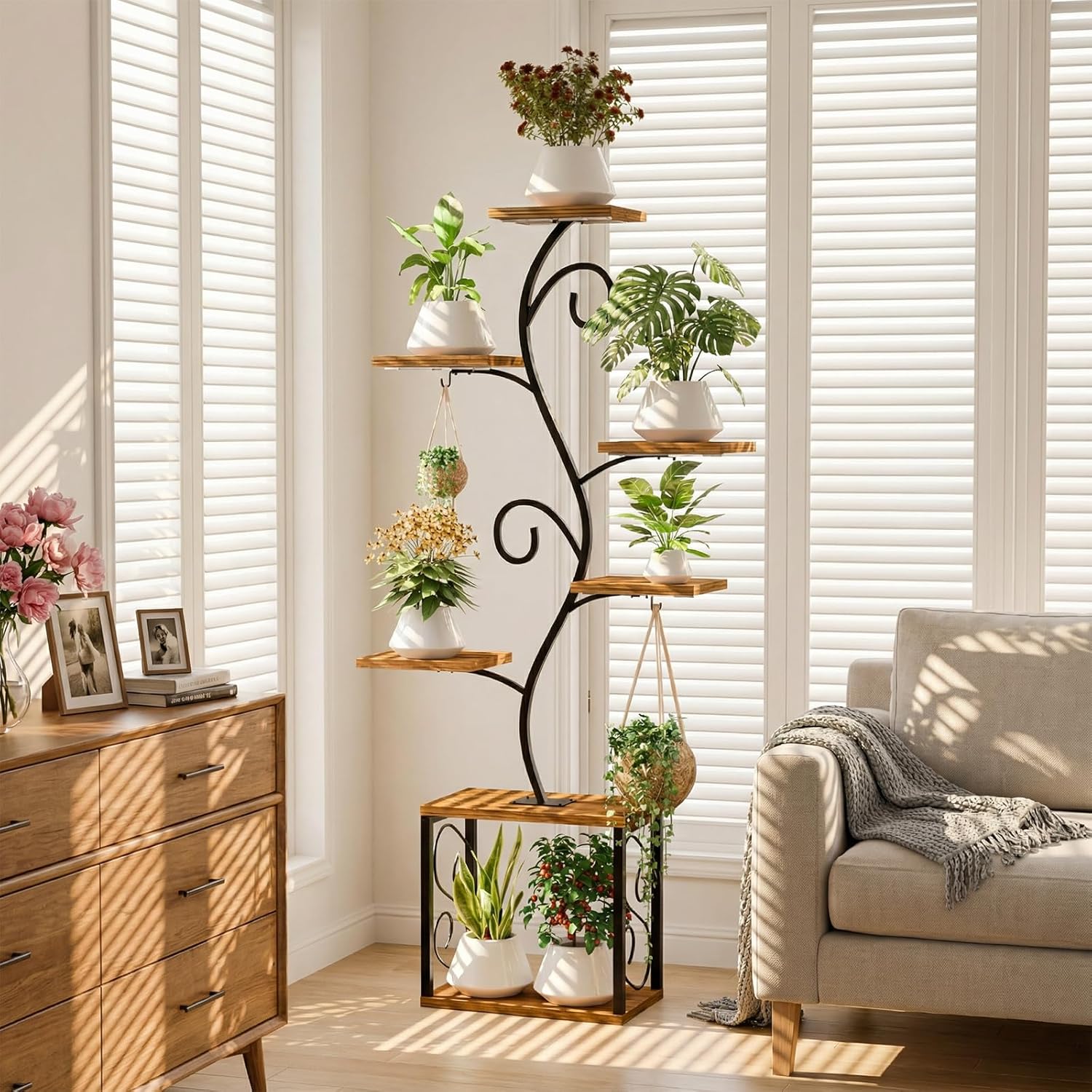 64" Plant Stand Indoor with Grow Lights, Tall Plant Shelf for Indoor Plants, 7 Tiered Plant Rack with Larger Flower Holder, 3 Light Modes, Corner Plant Stand with Adjustable Brightness & Timer