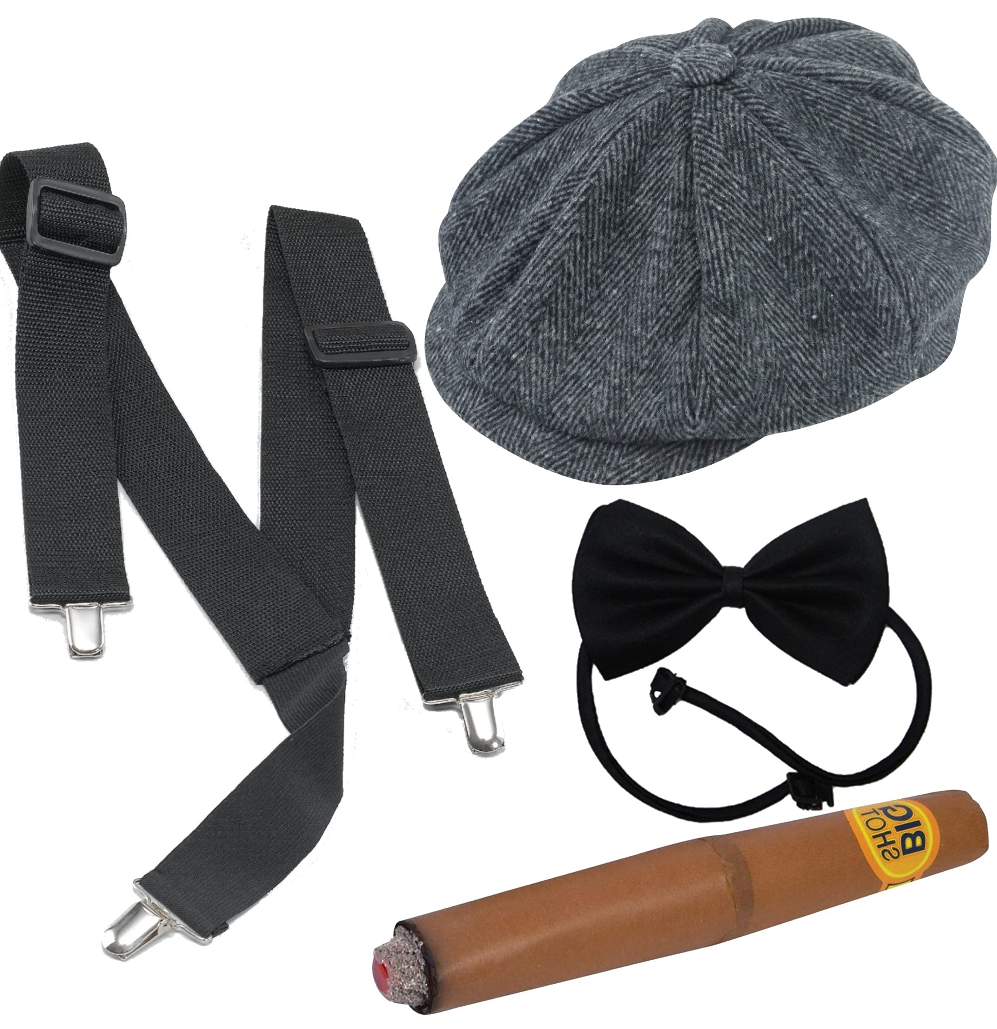 Dreamzfit 1920s Mafia Gangster Costume Set for Men - Complete Godfather Outfit Includes Newsboy Cap, Suspenders, Fake Mustache & Bow Tie | Prohibition Era, Peaky Blinders & Stag Night Fancy Dress